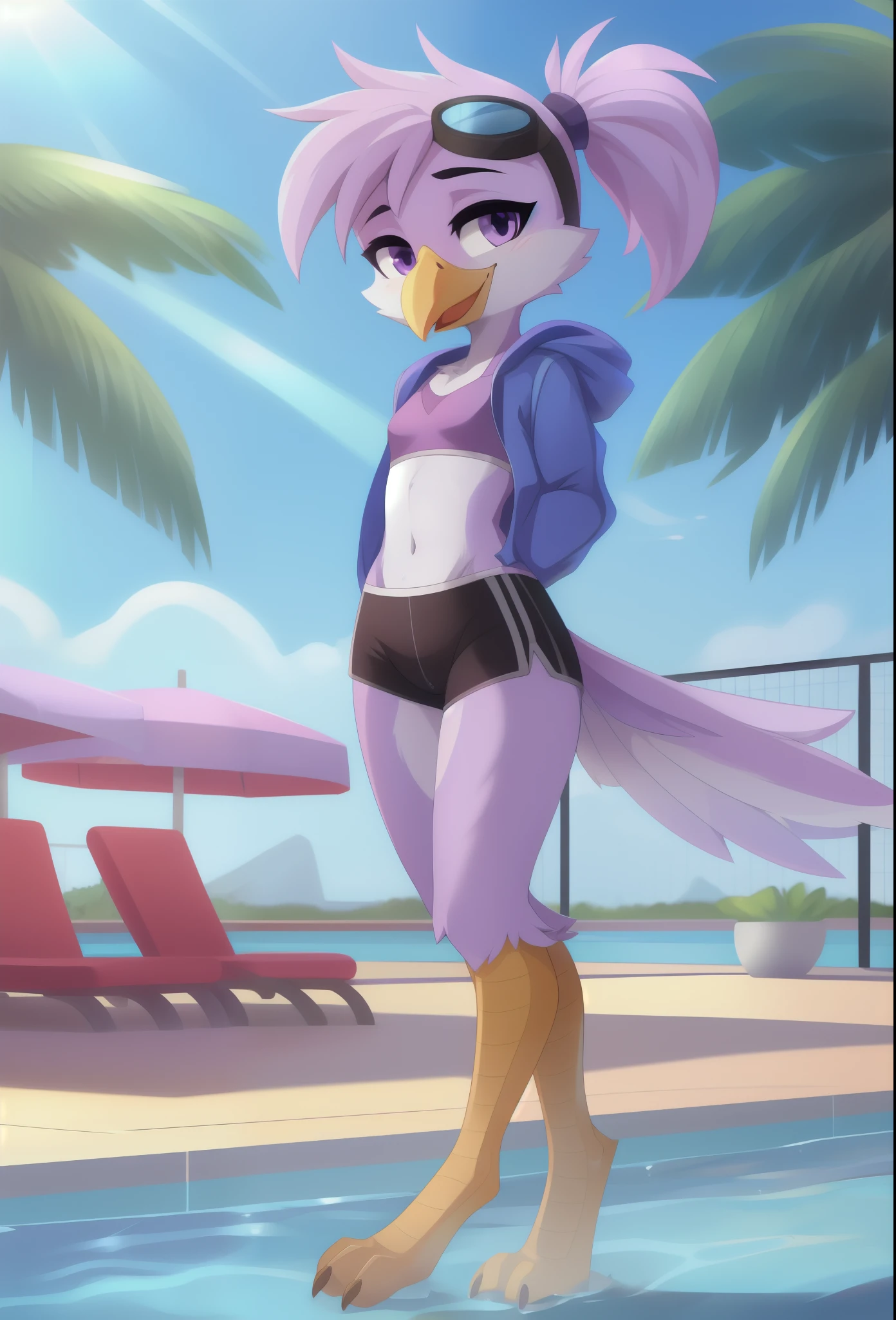 Furry girl, young, avian, yellow short beak, lilac hair, short spiky hairstyle, short spiky ponytail, anime style, small breasts, purple eyes, big eyebrows, blue hoodie jacket, open clothes, blue sport bra, blue sport shorts, pool, sunny sky, high quality, detailed body, detailed eyes, detailed face, masterpiece, glistening body, shiny body, detailed body fur, best quality, clear purple body fur, skinny, sassy face, goggles, back avian wings, avian, :), detailed hands, full body, paws whit three toes,