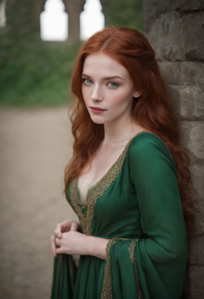 fair complexion, woman around 19 years old, natural red hair, distinctive green eyes, wearing kohl, slender and graceful, beautiful, candlelight in a medieval setting, ultra sharp focus, realistic shot, naked, urinating on floor, tetradic colors (scar:1.4)