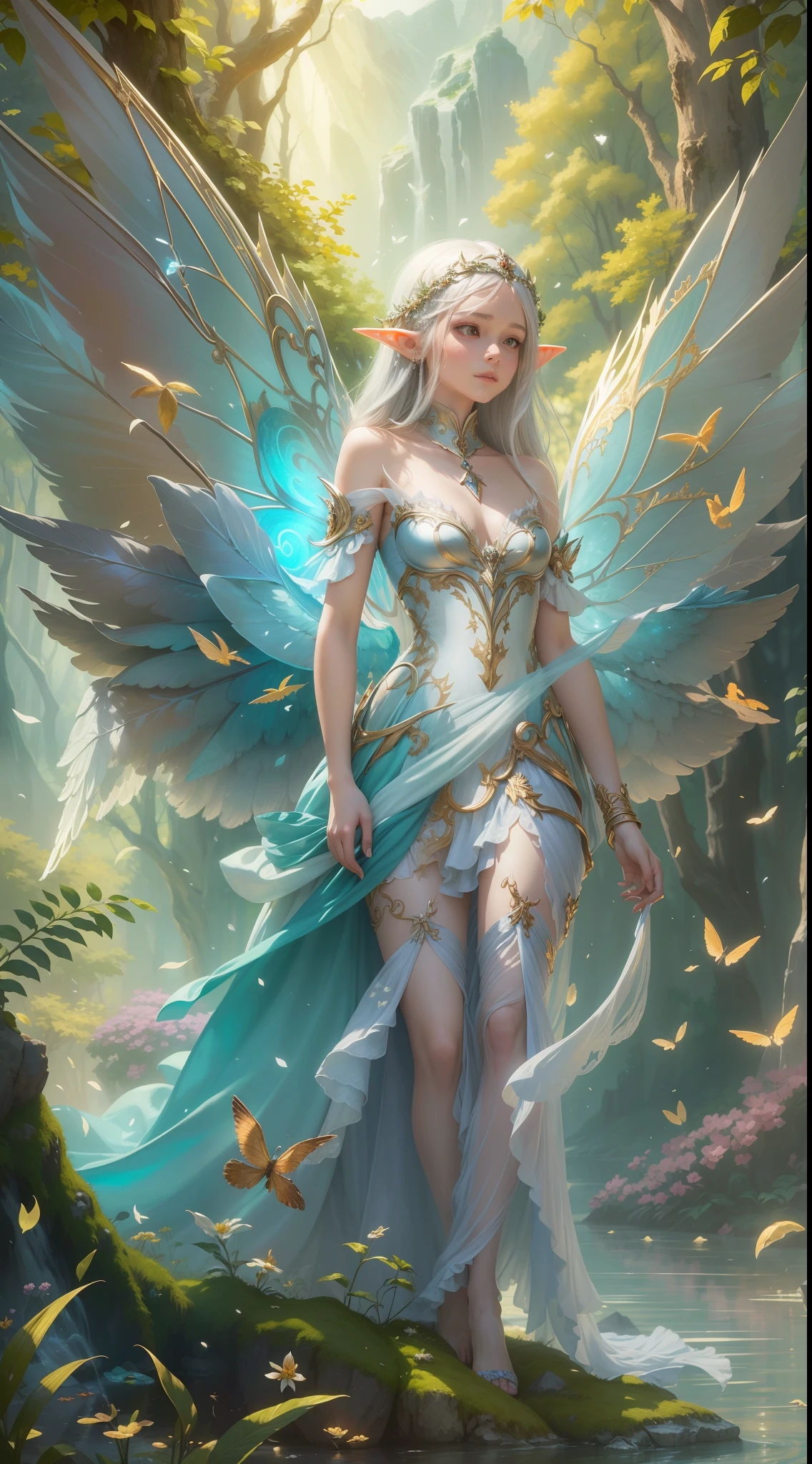 (Exquisite art style: 1.2 + bright colors: 1.2), (HD (8K) wallpaper + ultra-high precision: 1.2), When you think of "elf wings", you will imagine a flowing, elegant elf girl, flying in the air, surrounding the woods and wilderness. Her wings can be white, gold, or silver-gray, shining. She can wear dresses, short skirts or blue silk. Surrounded by trees, flowers and small animals, it is full of nature and magic. The theme "Wings of Elves" is good at depicting brightly colored and detailed dreamy pictures, which lead people's imaginations infinitely to the world of freedom and fantasy.