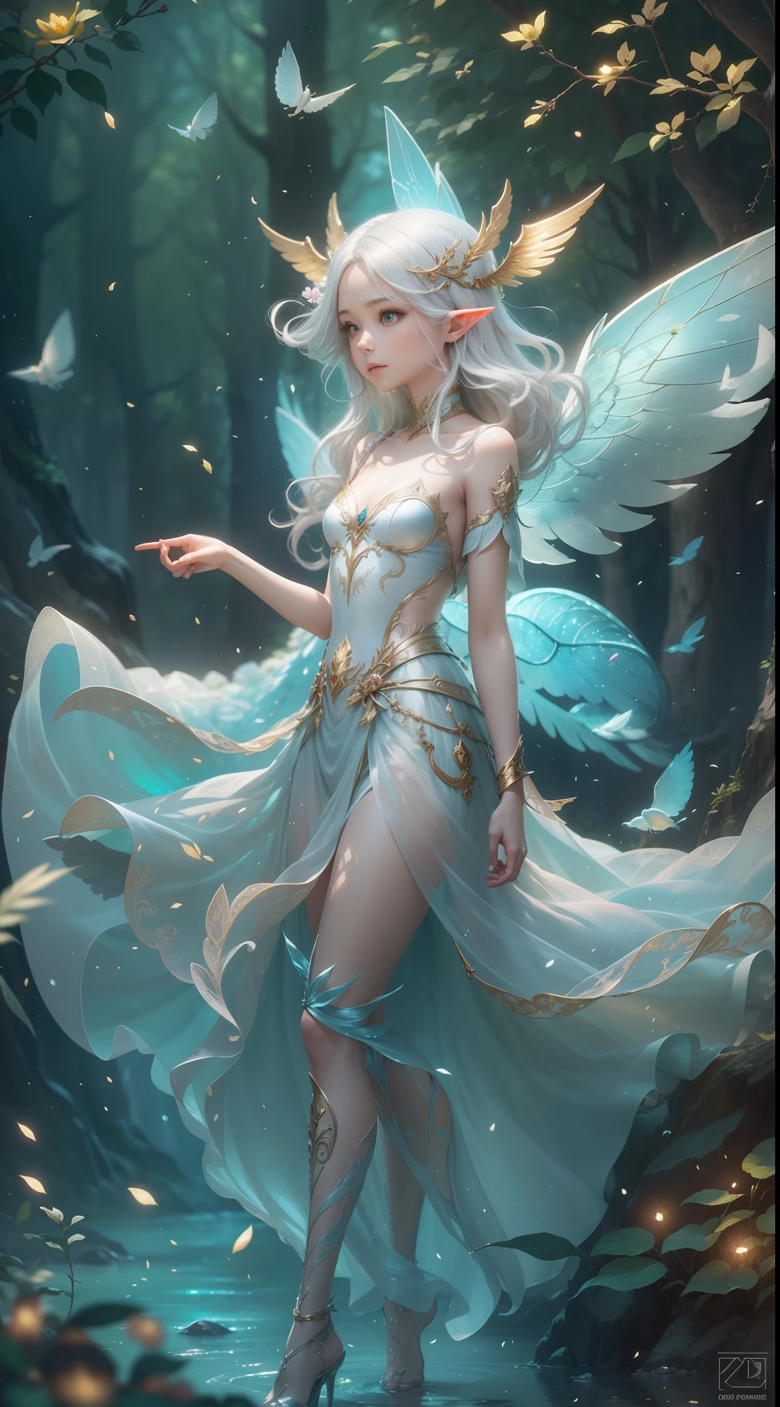 (Exquisite art style: 1.2 + bright colors: 1.2), (HD (8K) wallpaper + ultra-high precision: 1.2), When you think of "elf wings", you will imagine a flowing, elegant elf girl, flying in the air, surrounding the woods and wilderness. Her wings can be white, gold, or silver-gray, shining. She can wear dresses, short skirts or blue silk. Surrounded by trees, flowers and small animals, it is full of nature and magic. The theme "Wings of Elves" is good at depicting brightly colored and detailed dreamy pictures, which lead people's imaginations infinitely to the world of freedom and fantasy.