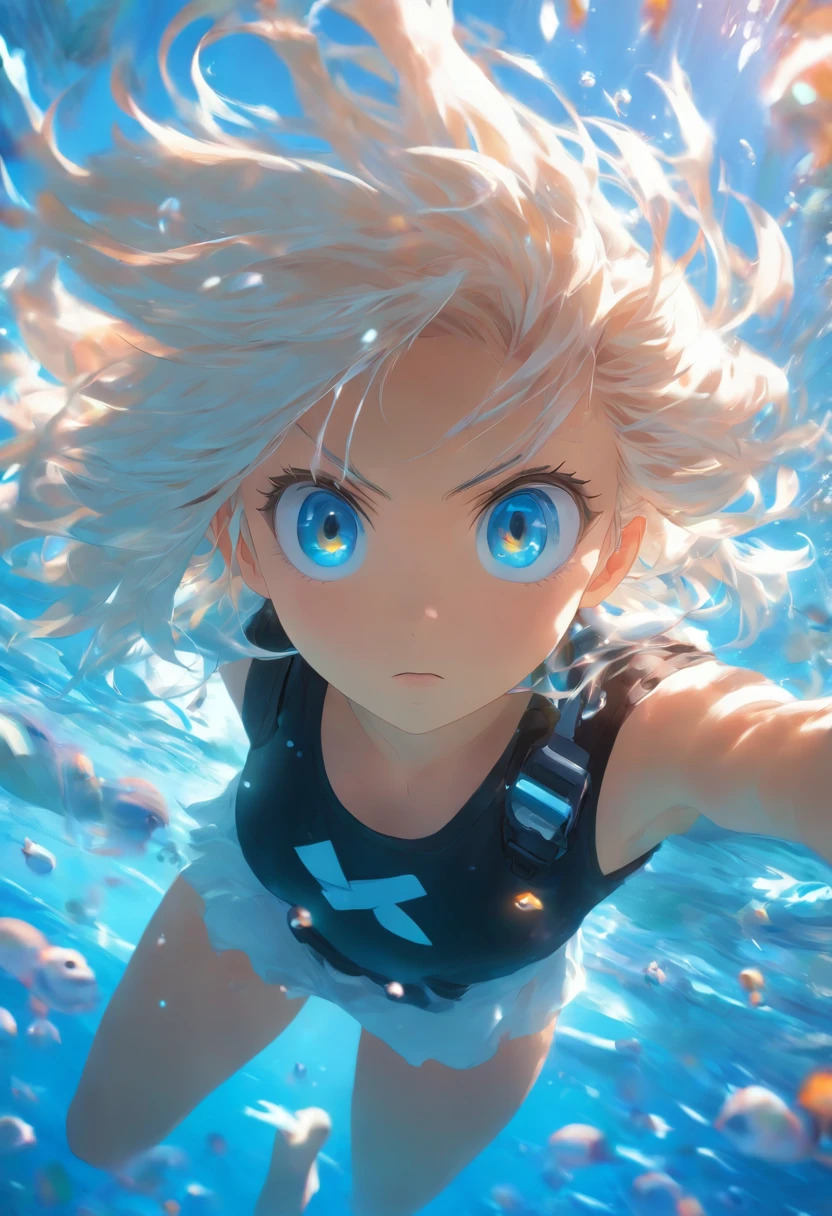 foreshortening, depth of field, masterpiece, best quality, 1girl, White hair, SkyBlue eyes,tsurime,medium hair, between eyes,White collared shirt,black collared vest,underwater, air bubble, solo, looking at viewer, swimming, dappled sunlight,