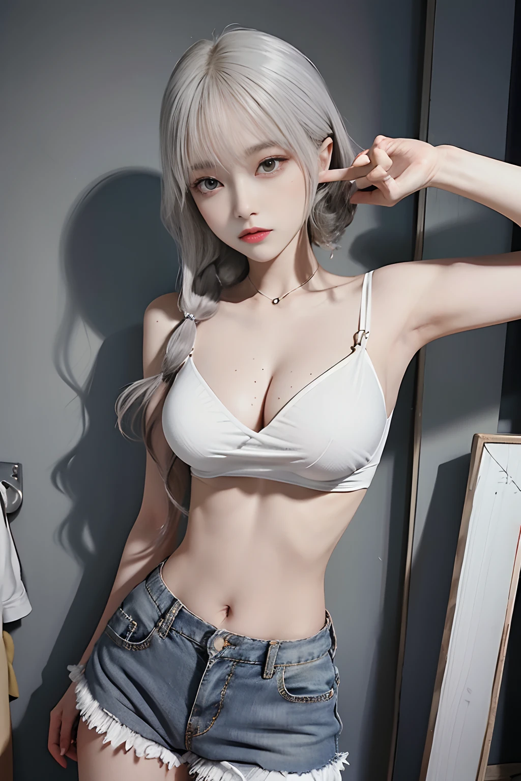 Girl posing for photo in white bra and tight denim skirt,full body Esbian,legs are open,with cropped T-shirt、bra very,Slim body,Smaller bust,Slim Girl Model,24 year old female model,Lying on the construction site,Group of black men watches,gigantic cleavage breasts,Raised ,whole body Dripping wet,Pose with your hips facing yourself,cleavage