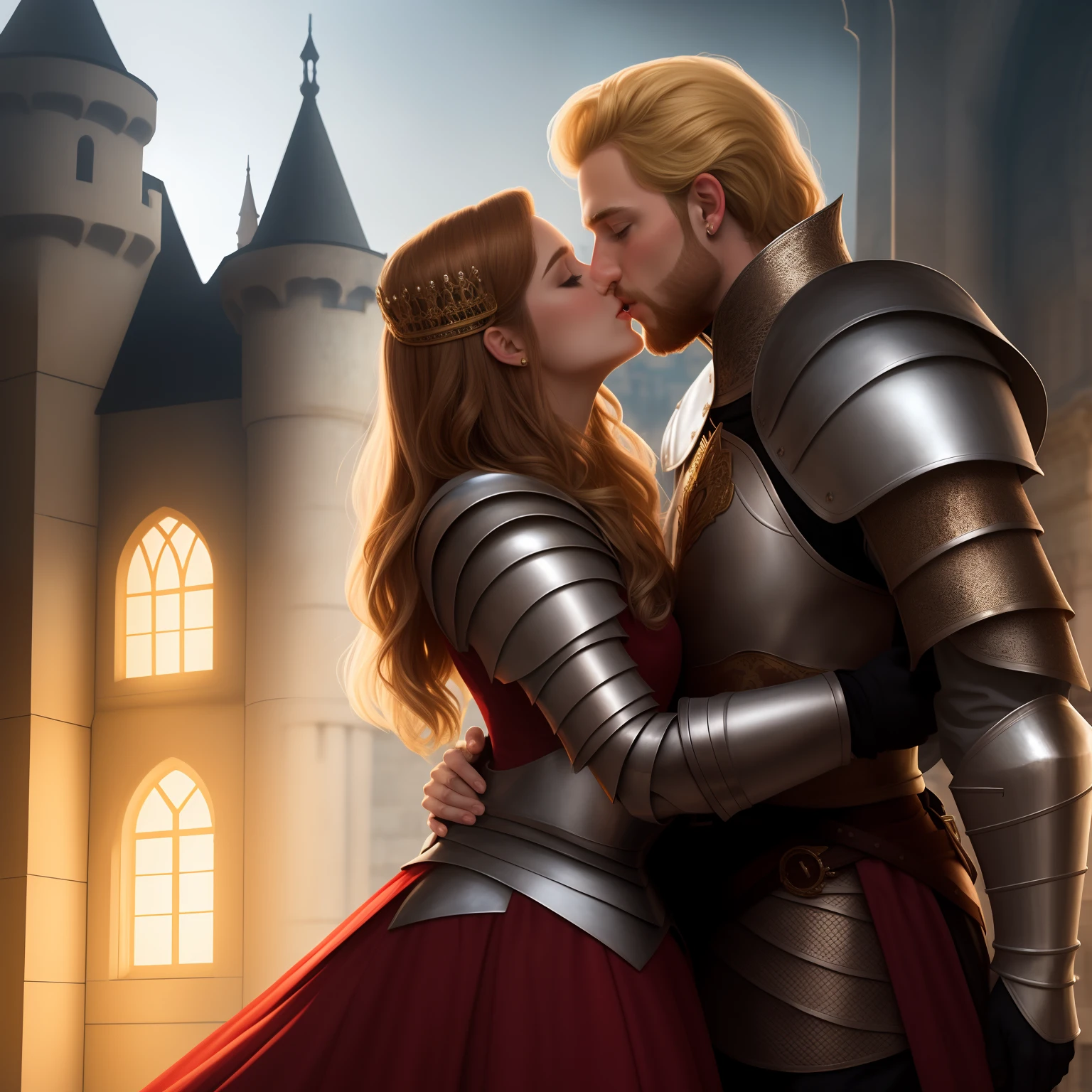 A pale girl of European appearance with brown hair , Dressed as a princess , hugs and kisses the prince , The prince is dressed like a knight with blonde hair and beard, They stand at full height , A very passionate kiss , Front light , Perfect skin , castle background