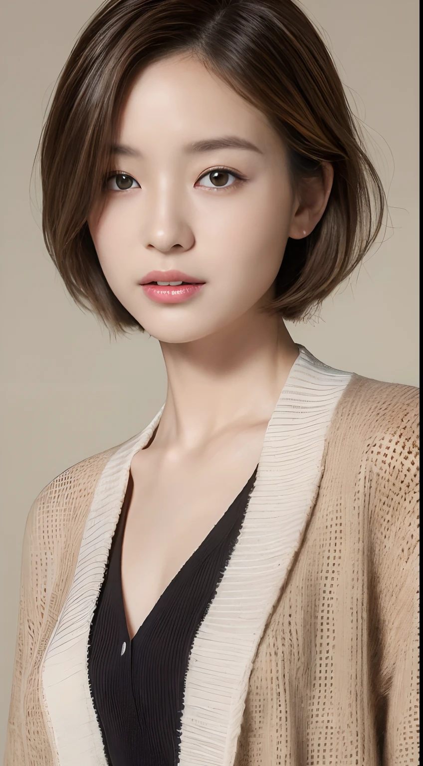 ((top-quality、8K、​masterpiece:1.3))、女の子1人、Slender beauty:1.3、(Light brown medium short hair、tiny chest:1.2)、Cardigan:1.1、hyperdetailed face、A detailed eye、二重まぶた、Fashionable clothes