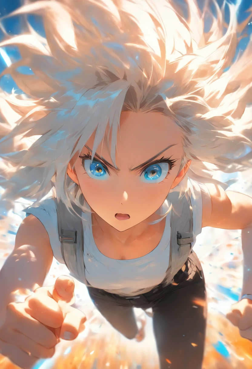 foreshortening, depth of field, masterpiece, best quality, 1girl, White hair, SkyBlue eyes,tsurime,medium hair, between eyes,White collared shirt,black collared vest,black shorts,solo, looking at viewer, running, dappled sunlight