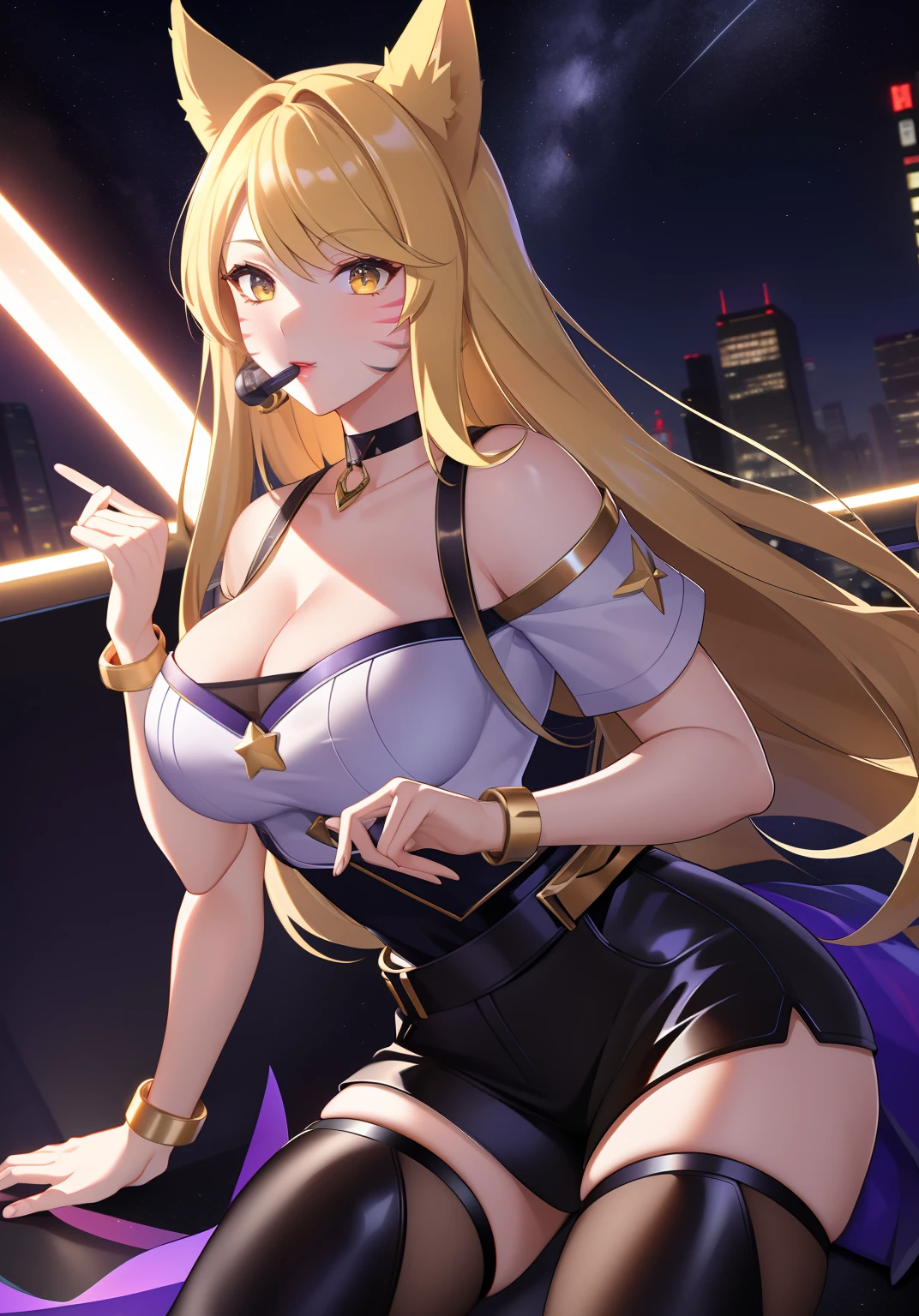 ((masterpiece)), (best quality:1.7), (detailed:1.4), (high res:1.4), 8k, (colorful:1.5), 2d, high resolution, sharped image, 4k, hd, kda_ahri_league, 1girl, (((solo))), (((blonde hair))), yellow eyes, long hair, upper body, cleavage, medium breasts, headset, choker, thighhighs, black thighhighs, animal ears, fox ears, jewelry, bare shoulder, short sleeves, white shirt, black short, facial marks, whisker markings, idol, jewelry, bracelet, black boots, ((idol)), night, ((stars)), moon,  city lights, ((modern street)), (((lights))),