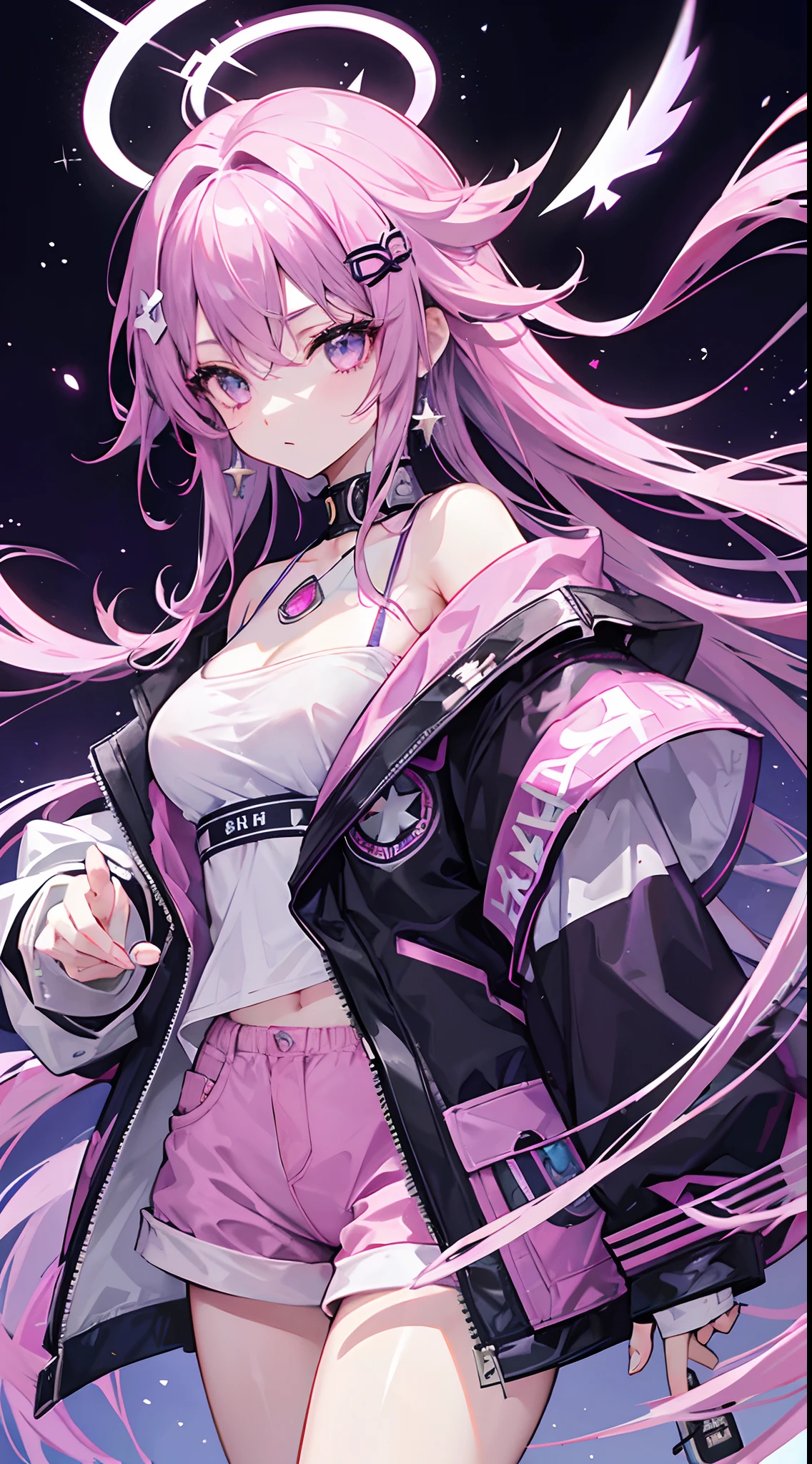 Light purple slightly curly long hair,Medium dispersion of messy hair curtains,Star ring hair ornament,Crystal purple eyes,Cross earrings,expressiveless,A look of determination,Micro makeup,Black fishing net jacket,Long pink off-the-shoulder sleeves,Pink denim shorts,tall girl,Double dango hair style,cyber punk perssonage,Video game style,A sense of future technology,