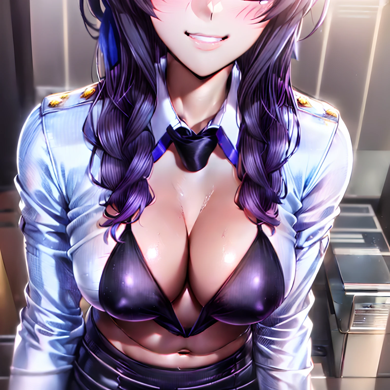 Ahegao((masutepiece)), (Best Quality), Beautiful, extra detailed face, Perfect Lighting,Ultra-detailed,((deadpan)),((cold attitude)),((Tsurime)),((tareme)),breasts,((maturefemale)),((General Jim Ryden, Long hair, Smile, Bangs, (Big breasts:1.2), (Purple eyes:1.2), braid, Purple hair, braided ponytails, Ringed Eyes,
Shirt, Long sleeves, White shirt, neck tie, Collared shirt, Pants, Black pants, Formal, Suit, black necktie, shirt tucked in, Office Lady,
Perfect female body,(Slim waist),abdominals,Aruba Line,
1girl in, (multiple penises:1.0), (surrounded:1.0), (ni_many:1.0), (multiple boy:1.0), Face, close-up,  on face,,