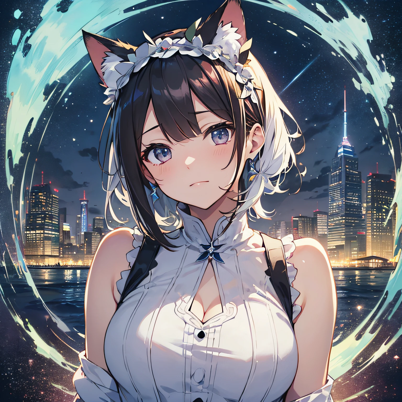 (The highest quality、8K、masutepiece)) ((( White atelier sleeveless))) (((Black short hair )))++　cat ear, Blue headdress　Anime characters with black hair and dark eyes、anime visual of a young woman、today's featured anime still、Official Art、Animated videos of cute girls、Popular Isekai anime、tsuaii、Marisa Drizzle、animated film、During the night　Moonlit night, Outdoor background, Lateral face