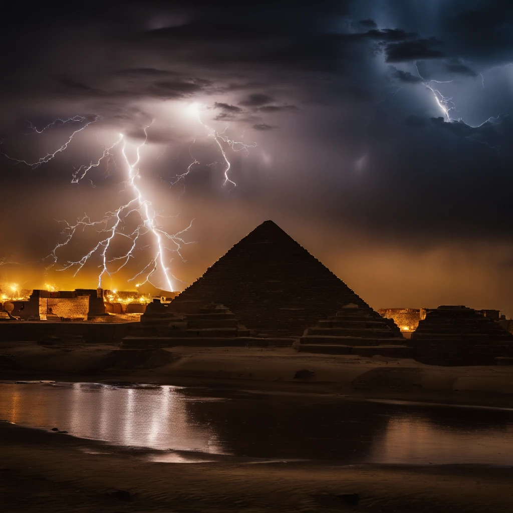 Master Parts、Superior Quality、superior image quality、The 8k quality、Beautiful photos of lightning:1.9、magnifica、(Pyramids:1.9)、(((Dramatic Lightning:1.9))), Blue lightning:1.9