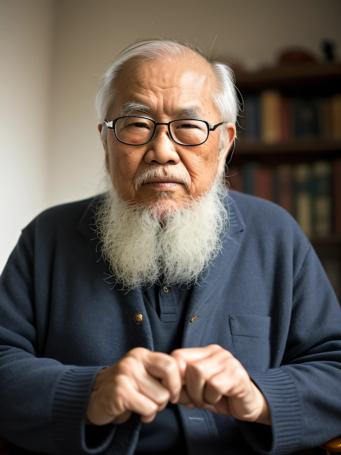 Hyper-Resolution, Ultra photo realsisim, cinema shot, An 80-year-old Asian father,Look at the viewer,Elderly father,Books in hand,Spiritual elderly,Single image, Short white hair,White Viking beard, Wide shoulders, High focal length, Bust photo,Faraway view,Digital SLR, Dark Studio, rim lit, twotonelighting, Dimly lit, low tune, Backlight,