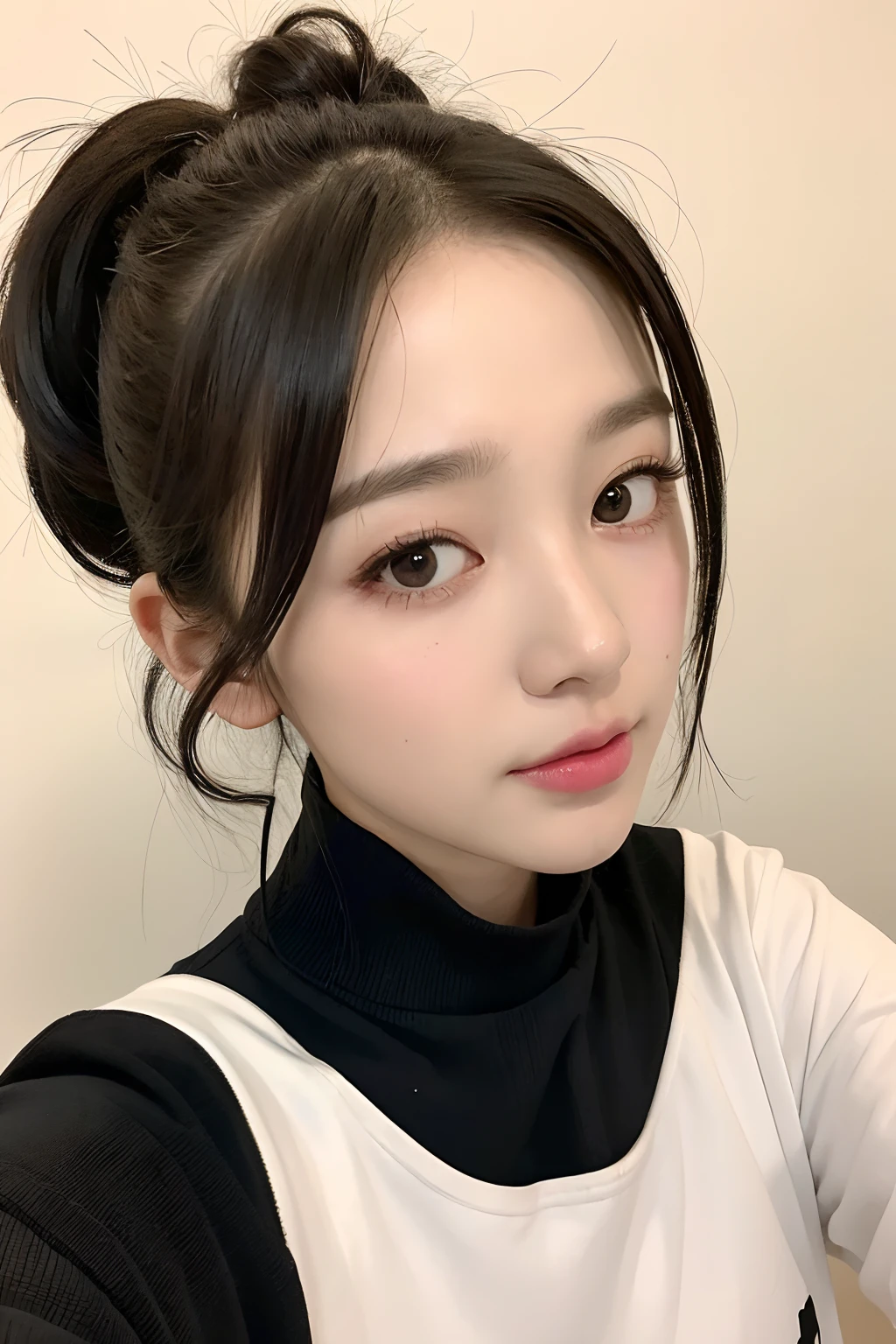 ((Best quality, 8k, Masterpiece :1.3)), 1 adorable girl with full body, youthful, delightful cute face, black hair, hair tied, oversized boyish outfit, aesthetic selfie, ultra-detailed face, extremely perfection, detailed eyes, double eyelid, big doe-eyed, straight nose, long eyelashes, detailed eyelashes, v-shape face, random pose, aesthetic pose, (random aesthetic background)