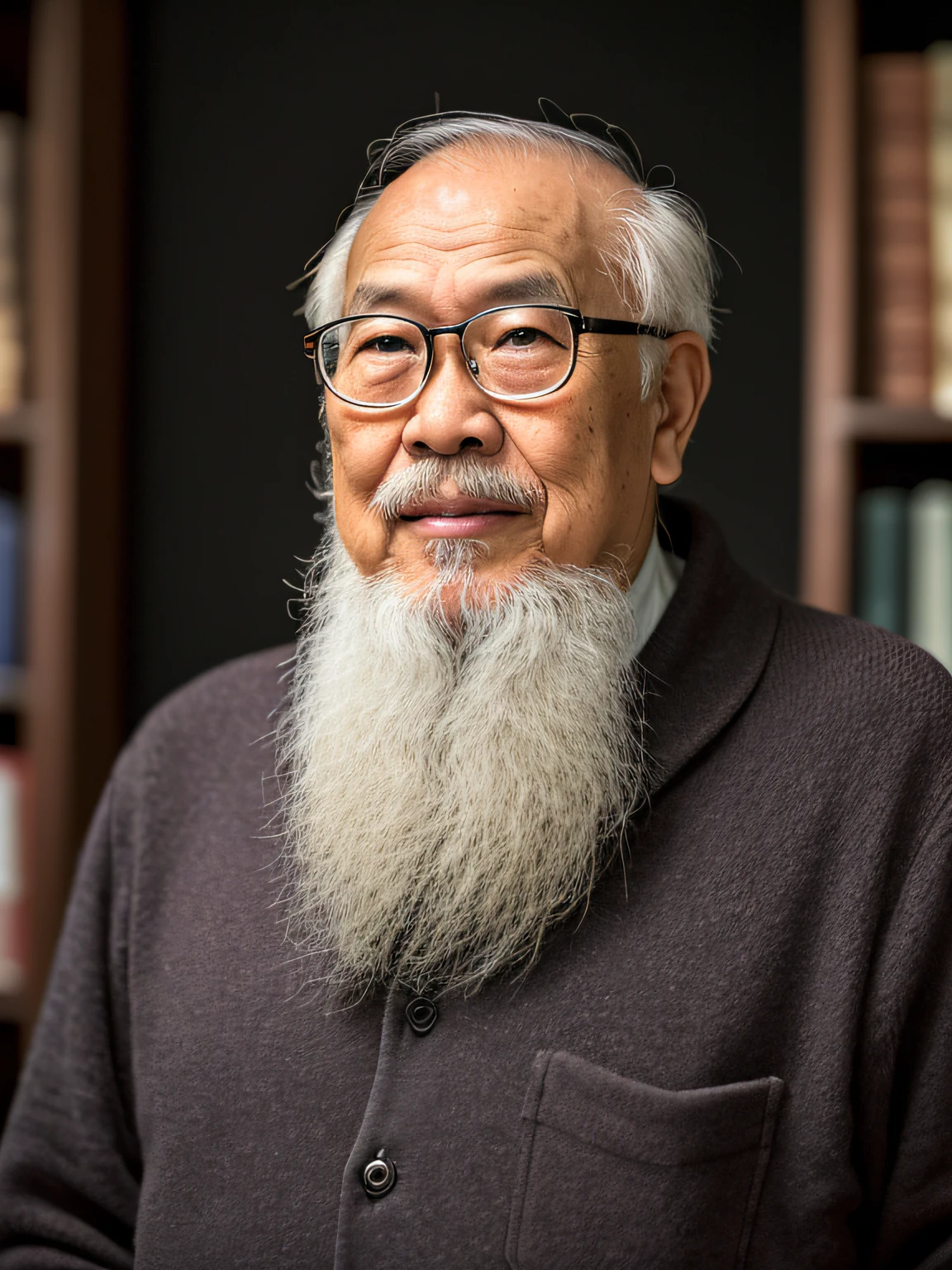 Hyper-Resolution, Ultra photo realsisim, cinema shot, An 80-year-old Asian father,Look at the viewer,Elderly father,Books in hand,Spiritual elderly,Single image, Short white hair,White Viking beard, Wide shoulders, High focal length, Bust photo,Faraway view,Digital SLR, Dark Studio, rim lit, twotonelighting, Dimly lit, low tune, Backlight,