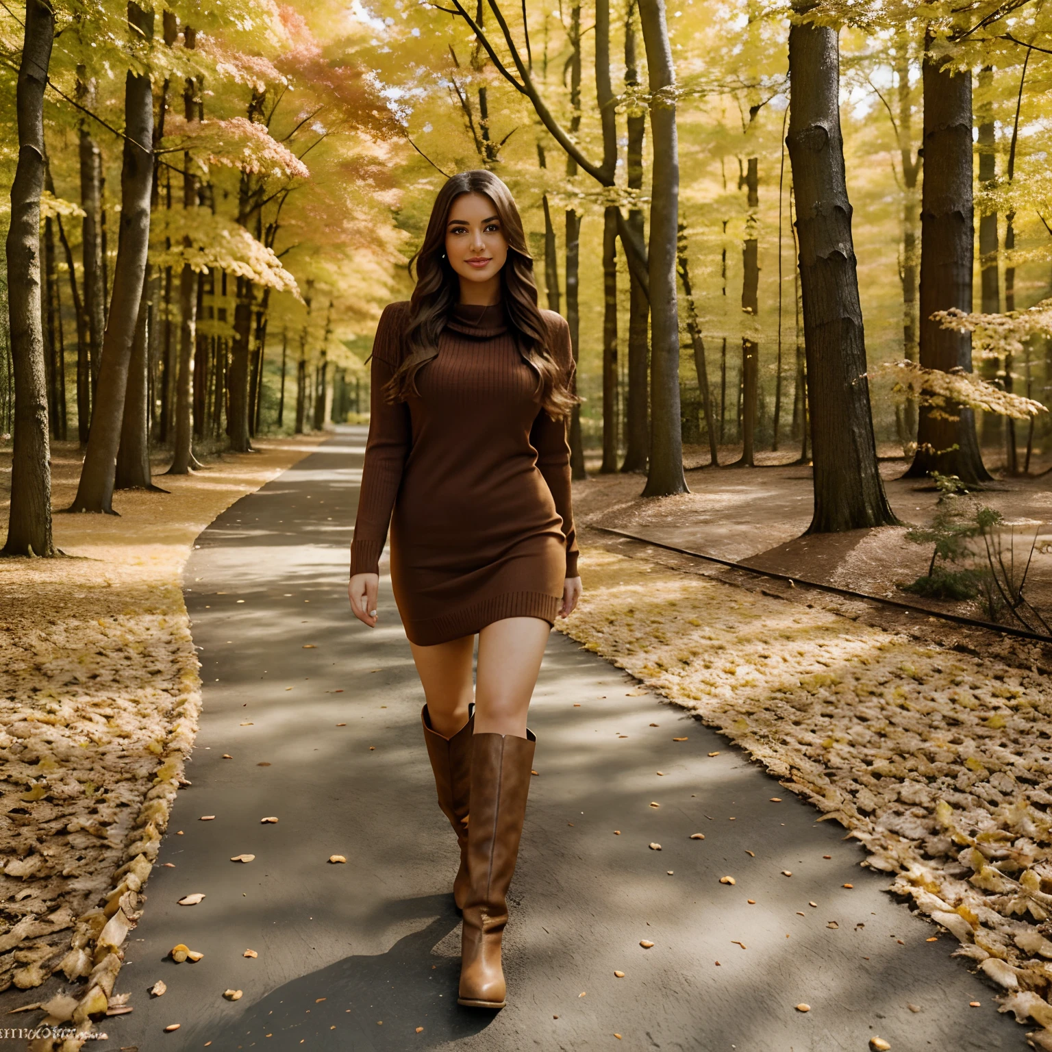 Generate full body photography of Autumn, the stunning brunette influencer. She should appear in her mid-20s approximately 5'4" tall with long, wavy chestnut hair that falls gracefully on her shoulders. She has an athletic hourglass figure accentuated by her full bust. Her complexion should be flawless, with a warm, sun-kissed tan. Autumn's expressive brown eyes should radiate charisma, and she should have a relaxed and confident demeanor. Autumn is adorned in attire that epitomizes the beauty of fall. She wears an elegant, form-fitting sweater dress in rich earthy brown that complements the vibrant foliage. The dress highlights her figure while providing comfort for her stroll through the autumn scenery. A pair of knee-high leather boots adds a touch of rustic chic to her ensemble.

The surroundings are a testament to the splendor of autumn. Autumn's walk takes her through a serene forest, where trees dressed in an array of fiery reds, burnt oranges, and deep yellows create a breathtaking backdrop. The ground is carpeted with fallen leaves, creating a delightful rustling underfoot as she moves along. The warm, golden sunlight filters through the canopy, casting dappled patterns on the forest floor.

Autumn should walking through the seasonal foliage. She may be photographed gazing at the vibrant leaves, twirling playfully, or simply taking in the natural beauty with an appreciative smile. The images should evoke a sense of wonder, serenity, and the magic of fall.

Intense look and makeup, smiling, serene expressions, symmetrical eyes, symmetrical face, photorealistic, photography, path tracing, specular lighting, volumetric face light, path traced hair, visible shadows, intricate, elaborate, hyper-realistic, 8k photo quality