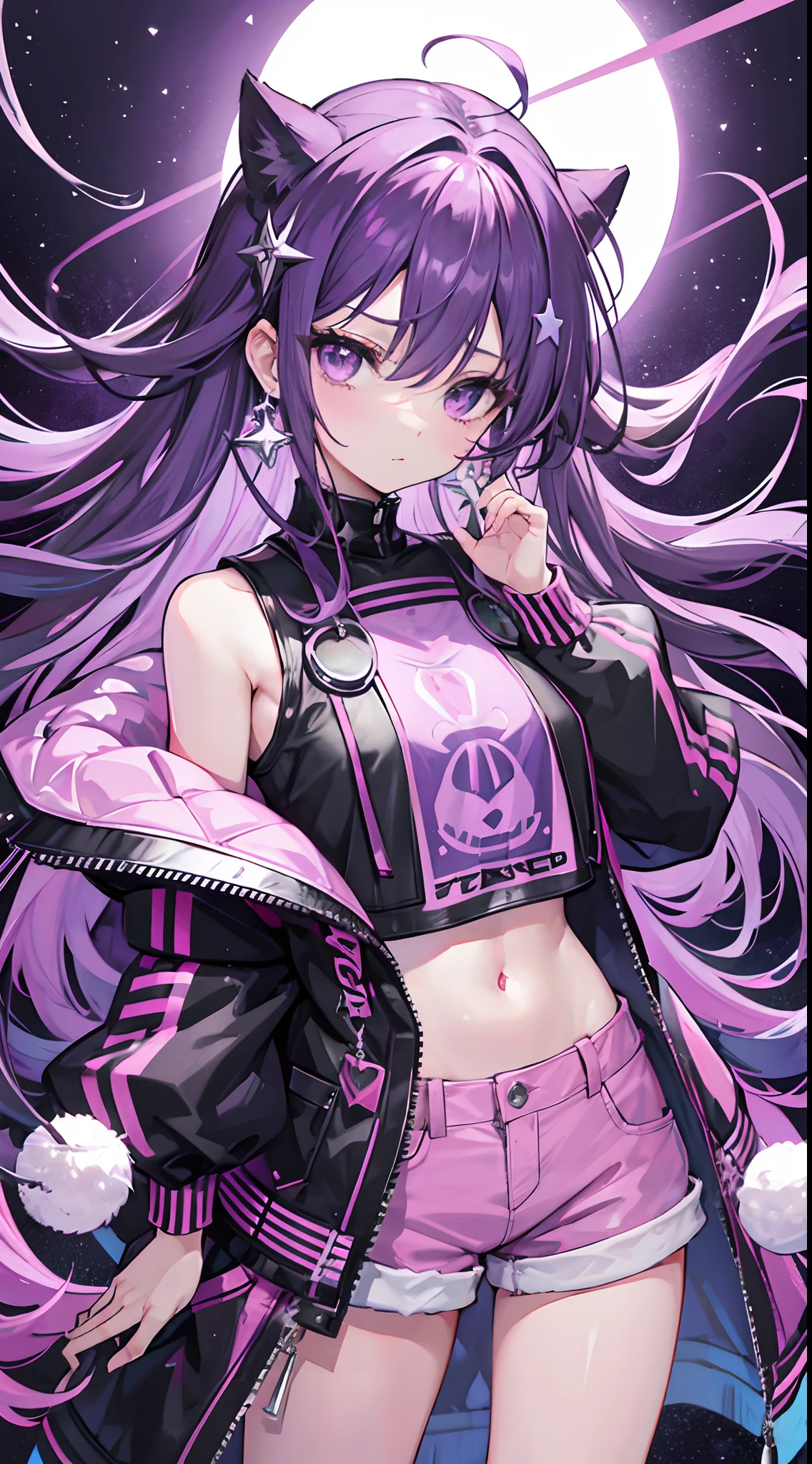 Light purple slightly curly long hair,Medium dispersion of messy hair curtains,Star ring hair ornament,Crystal purple eyes,Cross earrings,expressiveless,A look of determination,Micro makeup,Black fishing net jacket,Long pink off-the-shoulder sleeves,Pink denim shorts,tall girl,Double dango hair style,cyber punk perssonage,Video game style,A sense of future technology,