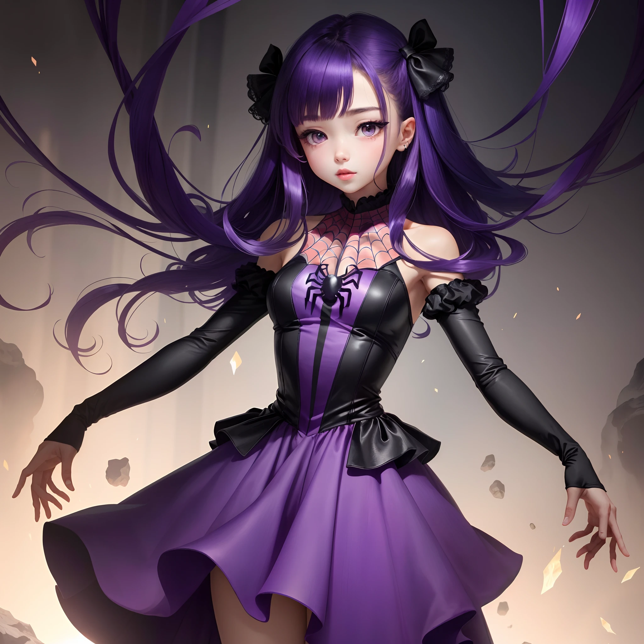 Cute, spider girl, poofy dress, multiple arms, purple hair, black eyes