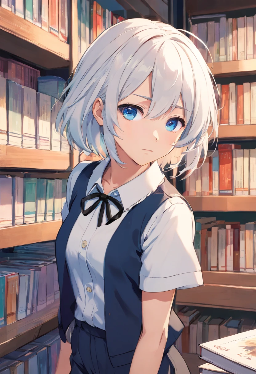masterpiece,high quality, (((anime art style))),flat color,Sharp,looking at viewer,1Girl,White hair,SkyBlue eyes,tsurime,medium hair,hair between eyes,White collared shirt,black collared vest,black shorts,Library, messy room,flower,books,expressionless Face,Blue Sky