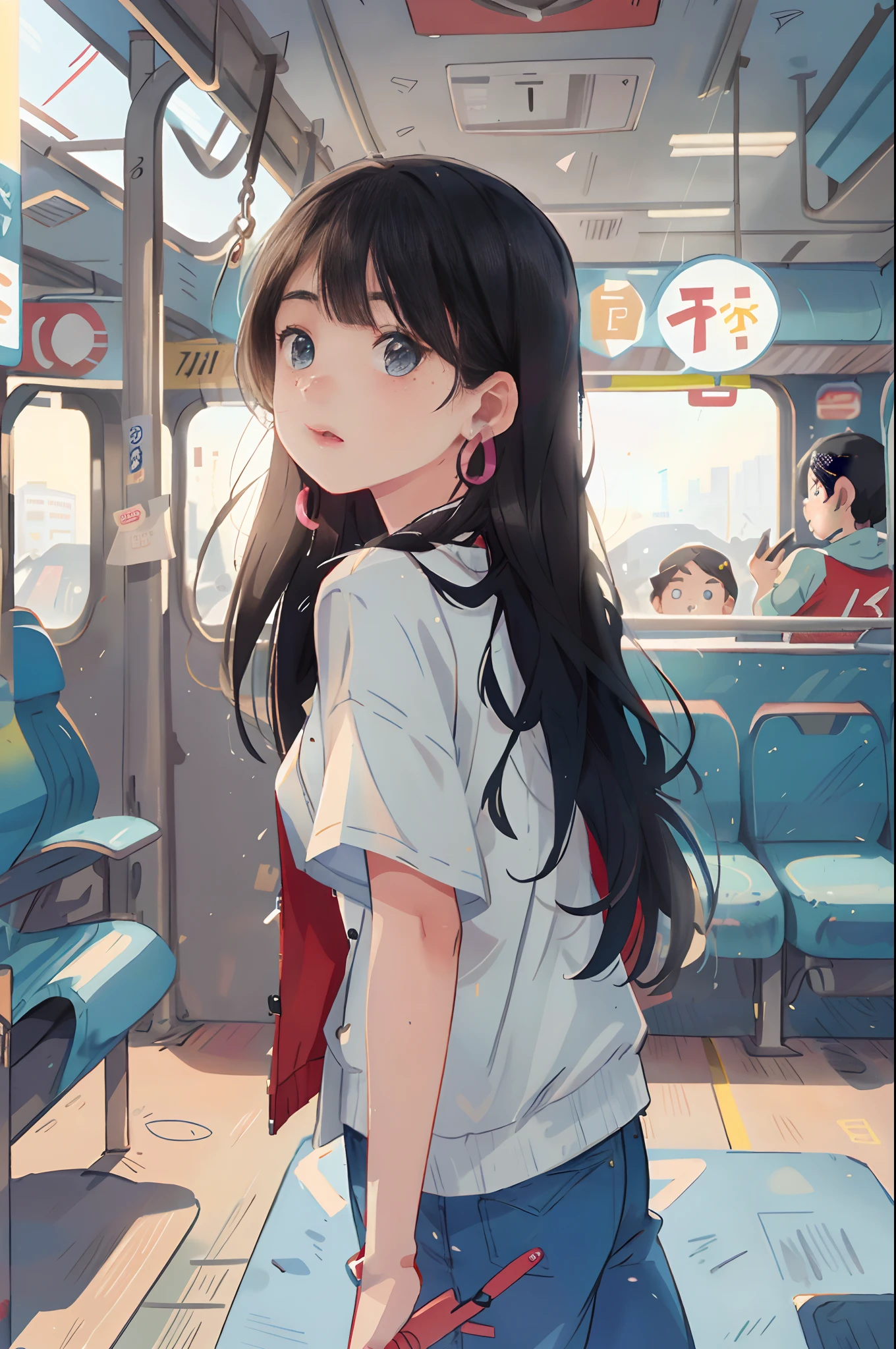 ((Pre-teen)), beautiful girl, freckles on her face, light blue eyes, big earrings, white t-shirt, jacket, black Leggings, full body, shot from below, very light skin, very long hair, wavy hair, red hair , busy subway car, photorealistic, Indirect lighting, volumetric light, ray tracing, hyper-detailed, best quality, ultra-high resolution, HDR, 8k