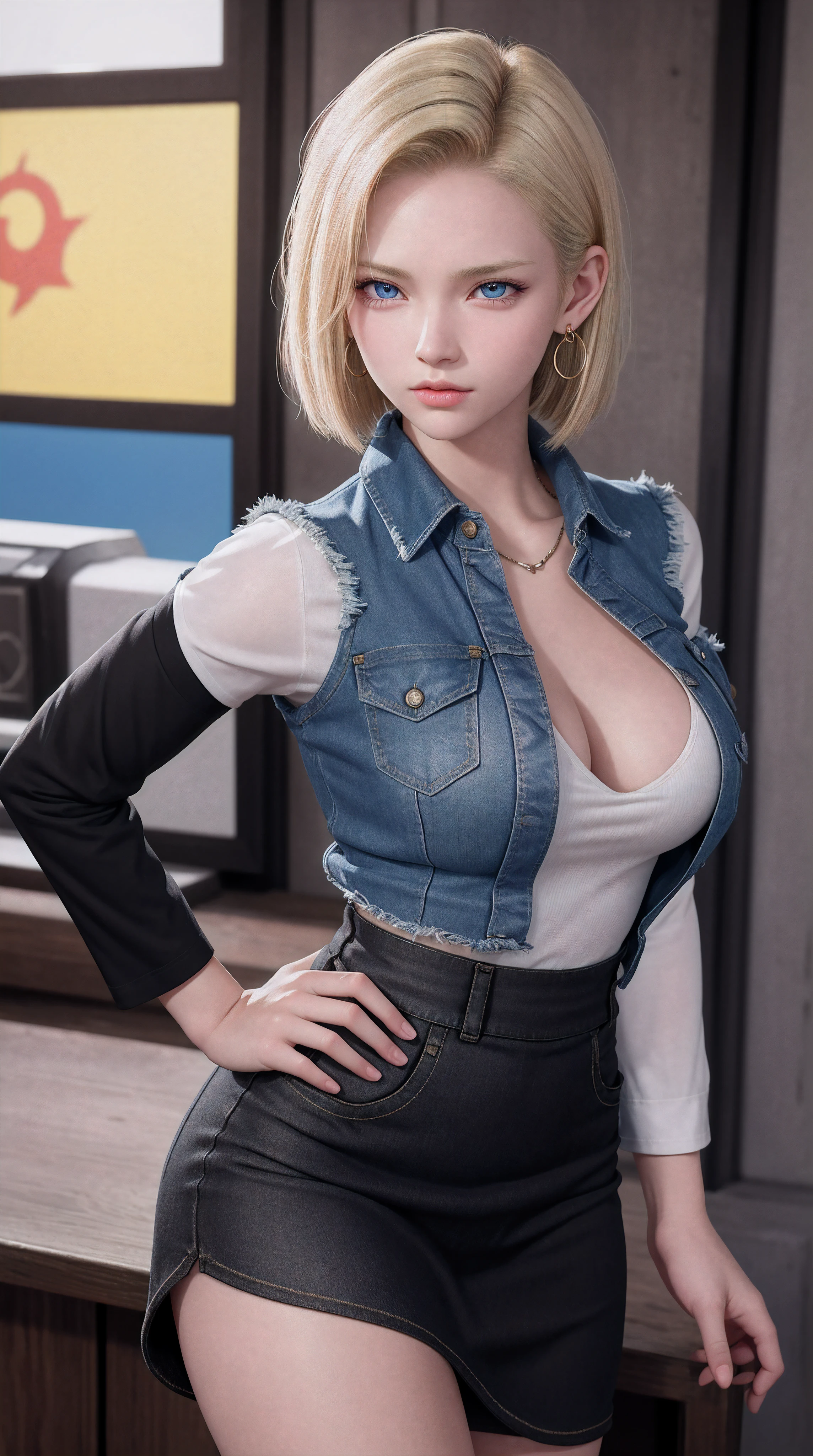 Android 18, Blonde hair, Blue eyes, eyeslashes, hoop earings, Short hair, earring
bring, black sock, Black shirt, breast pocket, cleavage, 鎖骨, Denim, Denim skirt, high waisted skirt, jewelry, Long sleeves, Pocket, shirt, shirt tucked in, Skirt, streaked, Striped sleeves, waistcoat,Correct hands,