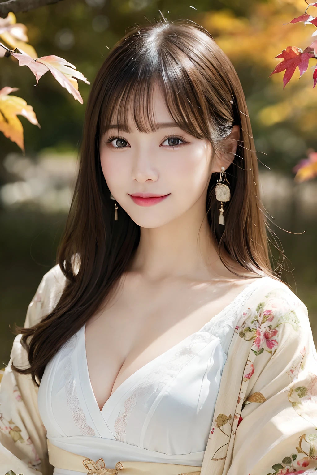 (A hyper-realistic), (illustratio), (hight resolution), (8K), (ighly detailed), (The best illustrations), (Beautiful detailed eyes), (top-quality), (ultra-detailliert), (masterpiece), (wall-paper), (详细的脸), (beautiful smiling face)、(beautiful countenance)、long、Earrings with bangs、独奏、(((Cute Japan Woman)))、 Japan beautiful girl 25 years old))、 ((Baby face))、(((G Cup Big)))agitation、real looking skin、Hair fluttering in the wind、date、autumnal、Colored leaves、Beautiful autumn background、make love、Beautiful clothes