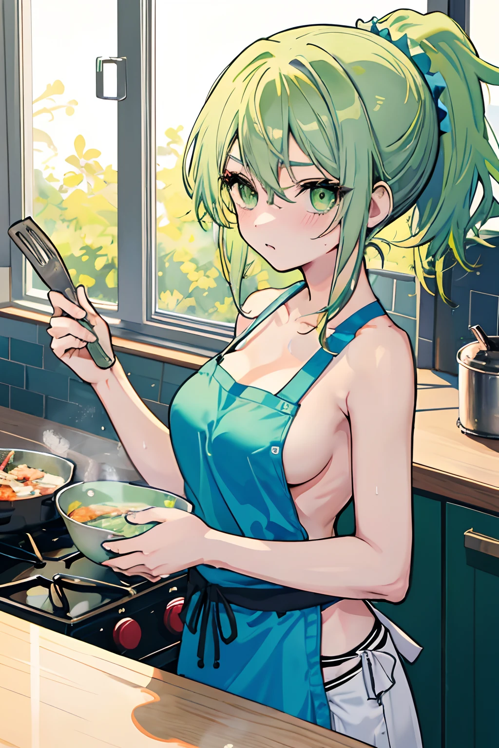 anime girl, light green hair, ponytail, green eyes, topless, blue shorts, no shirt, no bra, apron, kitchen, front shot, holding a spatula, cooking, high quality, blushing, f cup breasts