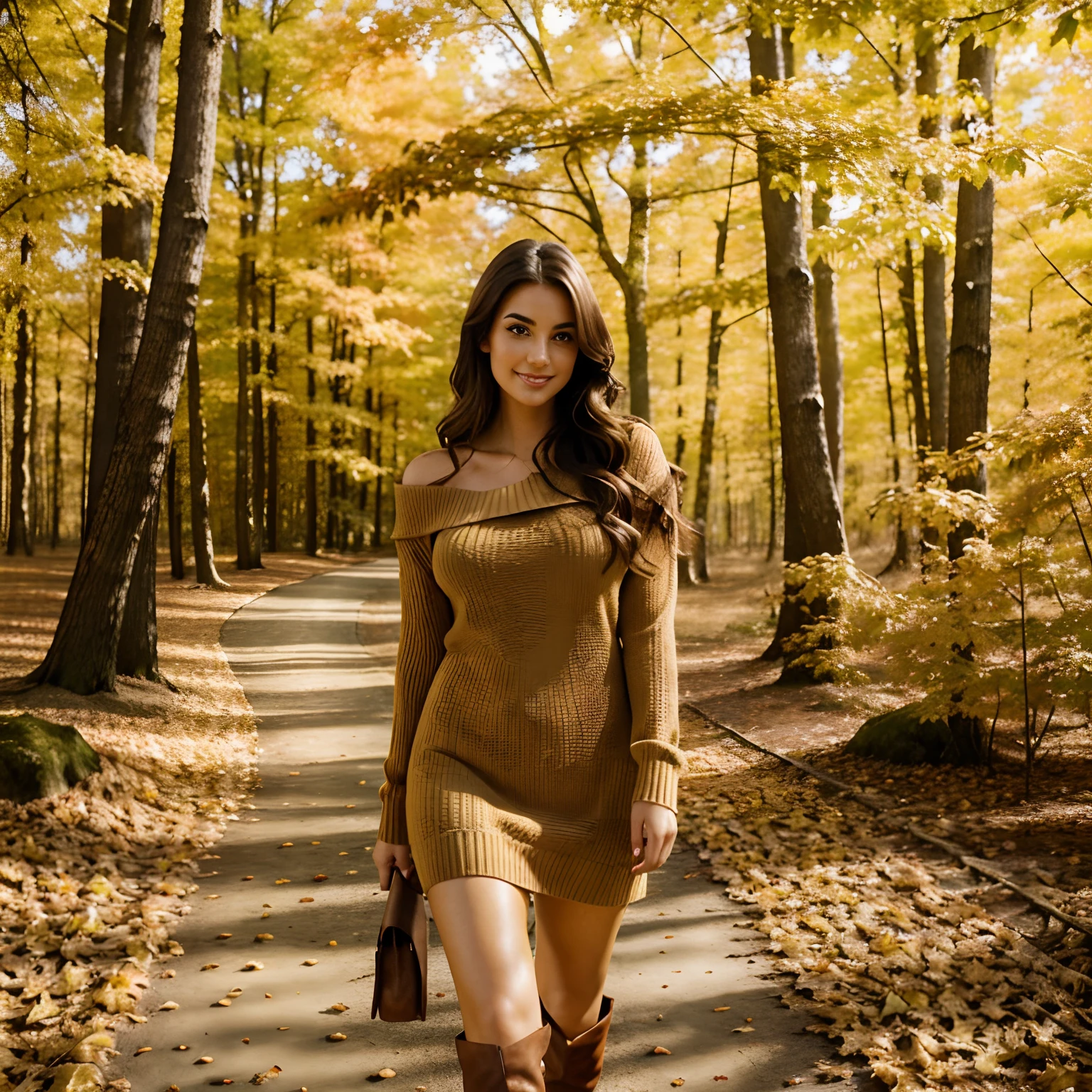 Generate full body photography of Autumn, the stunning brunette influencer. She should appear in her mid-20s approximately 5'4" tall with long, wavy chestnut hair that falls gracefully on her shoulders. She has an athletic hourglass figure accentuated by her full bust. Her complexion should be flawless, with a warm, sun-kissed tan. Autumn's expressive brown eyes should radiate charisma, and she should have a relaxed and confident demeanor. Autumn is adorned in attire that epitomizes the beauty of fall. She wears an elegant, form-fitting sweater dress in rich earthy brown that complements the vibrant foliage. The dress highlights her figure while providing comfort for her stroll through the autumn scenery. A pair of knee-high leather boots adds a touch of rustic chic to her ensemble.

The surroundings are a testament to the splendor of autumn. Autumn's walk takes her through a serene forest, where trees dressed in an array of fiery reds, burnt oranges, and deep yellows create a breathtaking backdrop. The ground is carpeted with fallen leaves, creating a delightful rustling underfoot as she moves along. The warm, golden sunlight filters through the canopy, casting dappled patterns on the forest floor.

Autumn should walking through the seasonal foliage. She may be photographed gazing at the vibrant leaves, twirling playfully, or simply taking in the natural beauty with an appreciative smile. The images should evoke a sense of wonder, serenity, and the magic of fall.

Intense look and makeup, smiling, serene expressions, symmetrical eyes, symmetrical face, photorealistic, photography, path tracing, specular lighting, volumetric face light, path traced hair, visible shadows, intricate, elaborate, hyper-realistic.