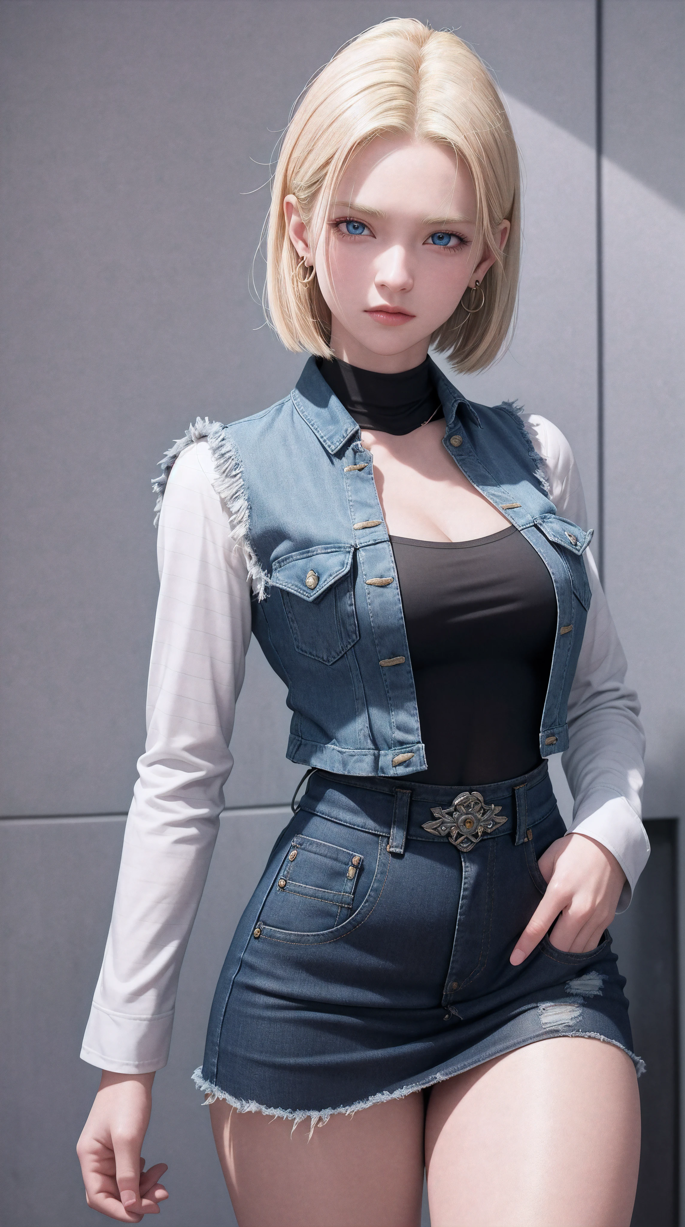 Android 18, Blonde hair, Blue eyes, eyeslashes, hoop earings, Short hair, earring
bring, black sock, Black shirt, breast pocket, cleavage, 鎖骨, Denim, Denim skirt, high waisted skirt, jewelry, Long sleeves, Pocket, shirt, shirt tucked in, Skirt, streaked, Striped sleeves, waistcoat,Correct hands,