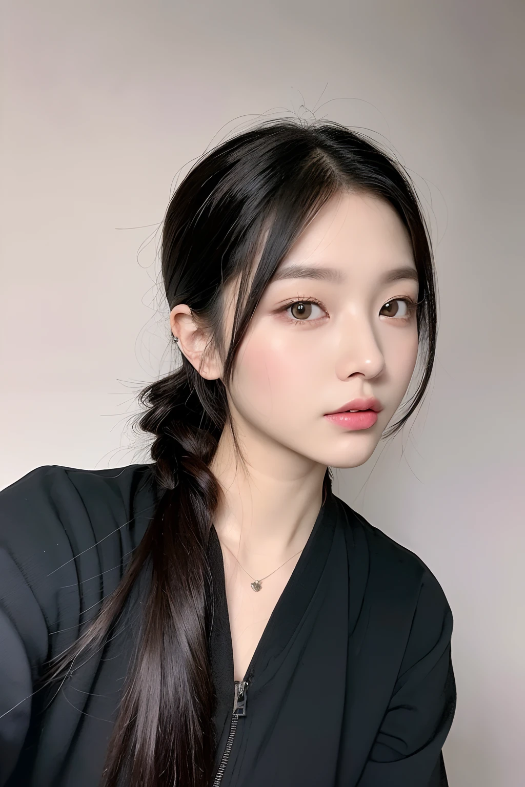 A woman in a ponytail wearing a turtleneck sweater, attractive neck, Ulzzang, cabelo em rabo de cavalo baixo liso, rosto fino, thick neck, Jinyoung Canela, Aesthetic portraiture, beautiful aesthetic face, facial aesthetics, maxilar grosso, Asian face, Heonhwa Choe, dilraba dilmurat, bust with a long beautiful neck, Estilo de Junji Ito