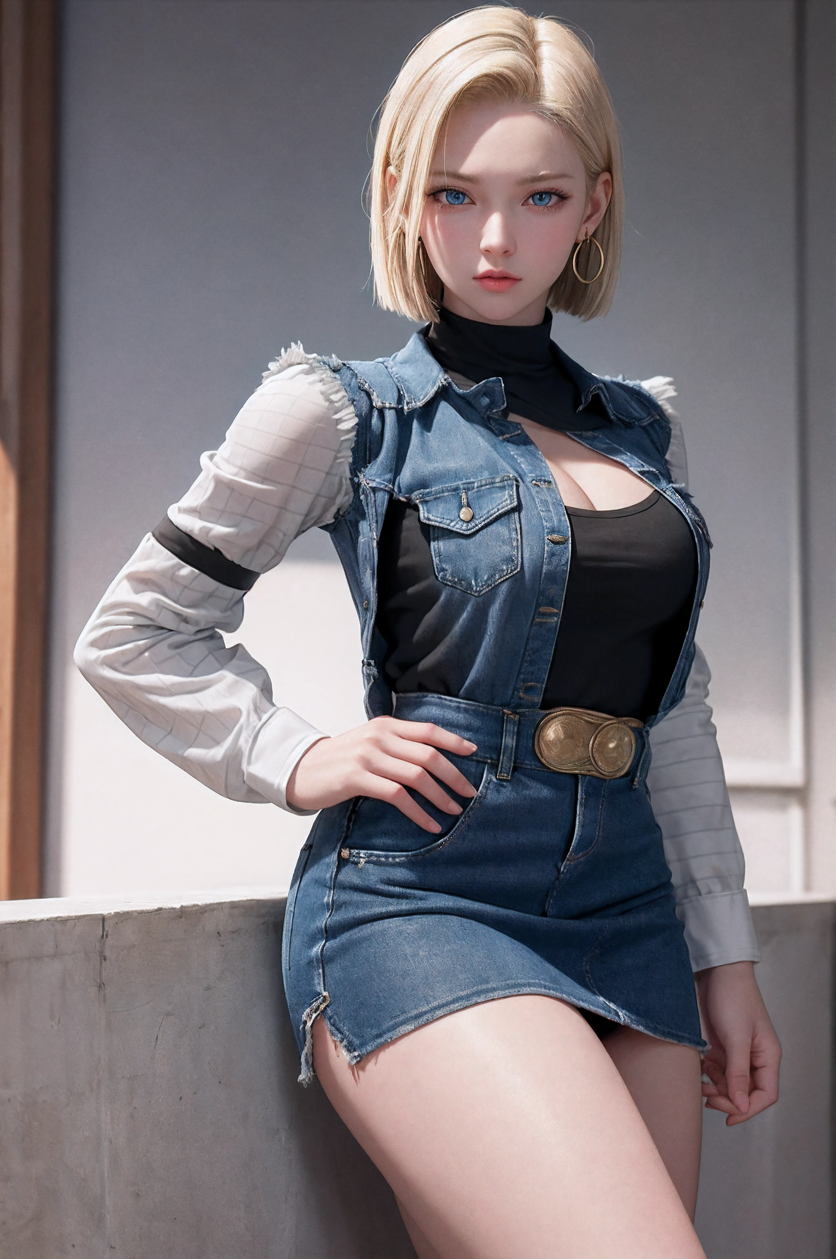 Android 18, Blonde hair, Blue eyes, eyeslashes, hoop earings, Short hair, earring
bring, black sock, Black shirt, breast pocket, cleavage, 鎖骨, Denim, Denim skirt, high waisted skirt, jewelry, Long sleeves, Pocket, shirt, shirt tucked in, Skirt, streaked, Striped sleeves, waistcoat,Correct hands,