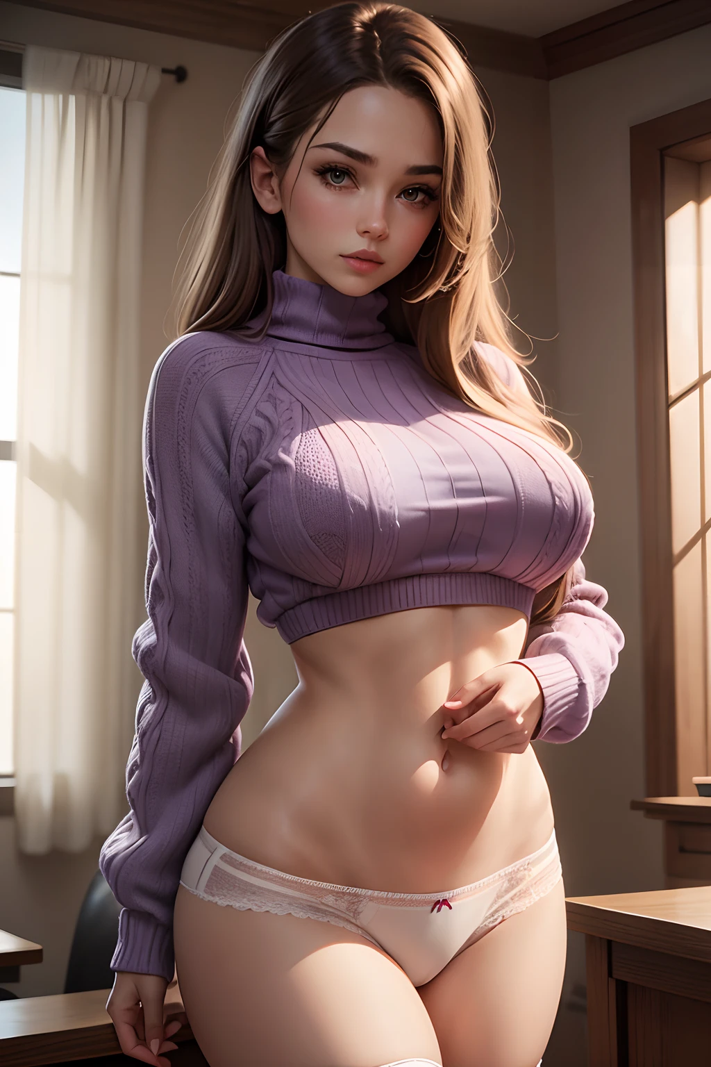 Massive breasts, high cropped sweater, thin body, panties exposed, cable knitted thigh highs, lavender clothes, bra showing under shirt