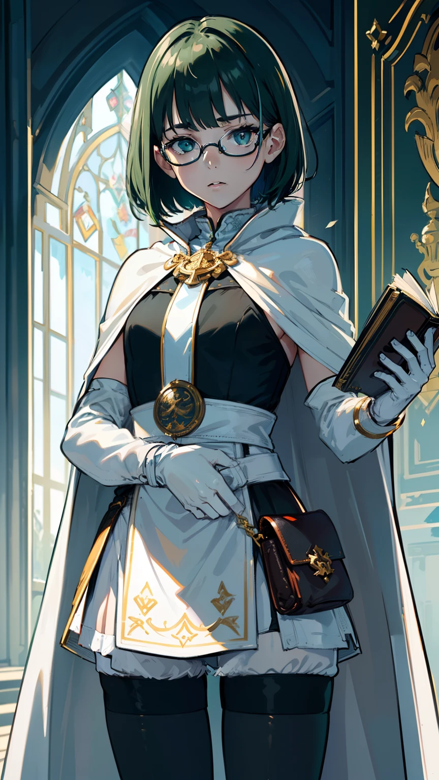 masterpiece, ultra detailed, 8k portrait, RAW photo, portrait photography, highly detailed face, beautiful and meticulous eyes, ((Fantasy)), Young beautiful, 15 years old, child, dynamic pose, (((short deep green bobbed hair))), blunt bangs, White skin color, glasses, Luxury, (((white long tunic with a single vertical blue line))), (((black shorts))), (((white cape with coat of arms))), (((little waist hip pouch))), (((dark thigh high tights))), high cut leather boots, ((holding magic book)), Midday Sun, hyper realistic, slender body, flat chest, Long legs, in the medieval magic classroom, Ambient lighting, Shadow details , Camera focus on face, strong breeze, Light fog