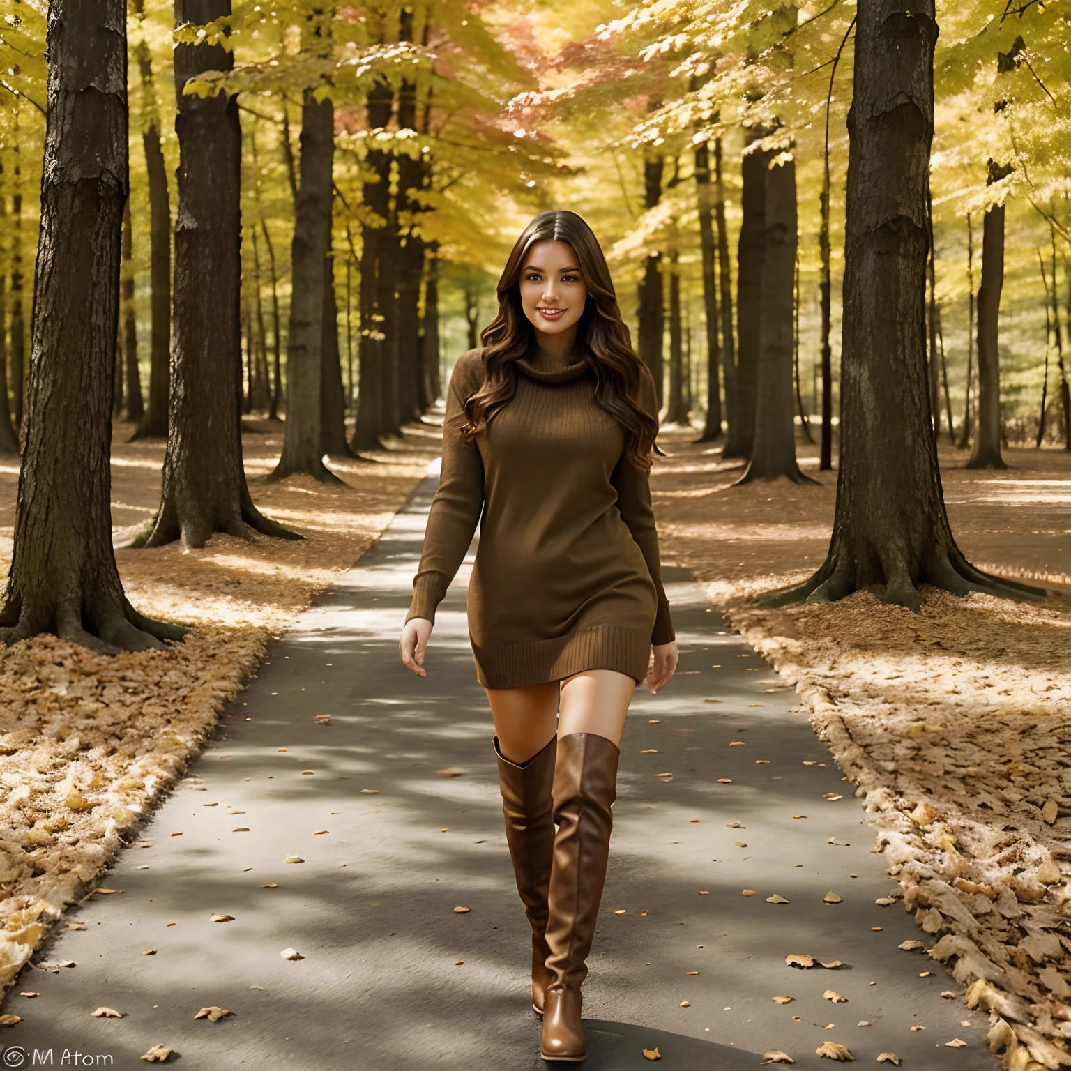 Generate full body photography of Autumn, the stunning brunette influencer. She should appear in her mid-20s approximately 5'4" tall with long, wavy chestnut hair that falls gracefully on her shoulders. She has an athletic hourglass figure accentuated by her full bust. Her complexion should be flawless, with a warm, sun-kissed tan. Autumn's expressive brown eyes should radiate charisma, and she should have a relaxed and confident demeanor. Autumn is adorned in attire that epitomizes the beauty of fall. She wears an elegant, form-fitting sweater dress in rich earthy brown that complements the vibrant foliage. The dress highlights her figure while providing comfort for her stroll through the autumn scenery. A pair of knee-high leather boots adds a touch of rustic chic to her ensemble.
The surroundings are a testament to the splendor of autumn. Autumn's walk takes her through a serene forest, where trees dressed in an array of fiery reds, burnt oranges, and deep yellows create a breathtaking backdrop. The ground is carpeted with fallen leaves, creating a delightful rustling underfoot as she moves along. The warm, golden sunlight filters through the canopy, casting dappled patterns on the forest floor.
Autumn should walking through the seasonal foliage. She may be photographed gazing at the vibrant leaves, twirling playfully, or simply taking in the natural beauty with an appreciative smile. The images should evoke a sense of wonder, serenity, and the magic of fall.
Intense look and makeup, smiling, serene expressions, symmetrical eyes, symmetrical face, photorealistic, photography, path tracing, specular lighting, volumetric face light, path traced hair, visible shadows, intricate, elaborate, hyper-realistic.