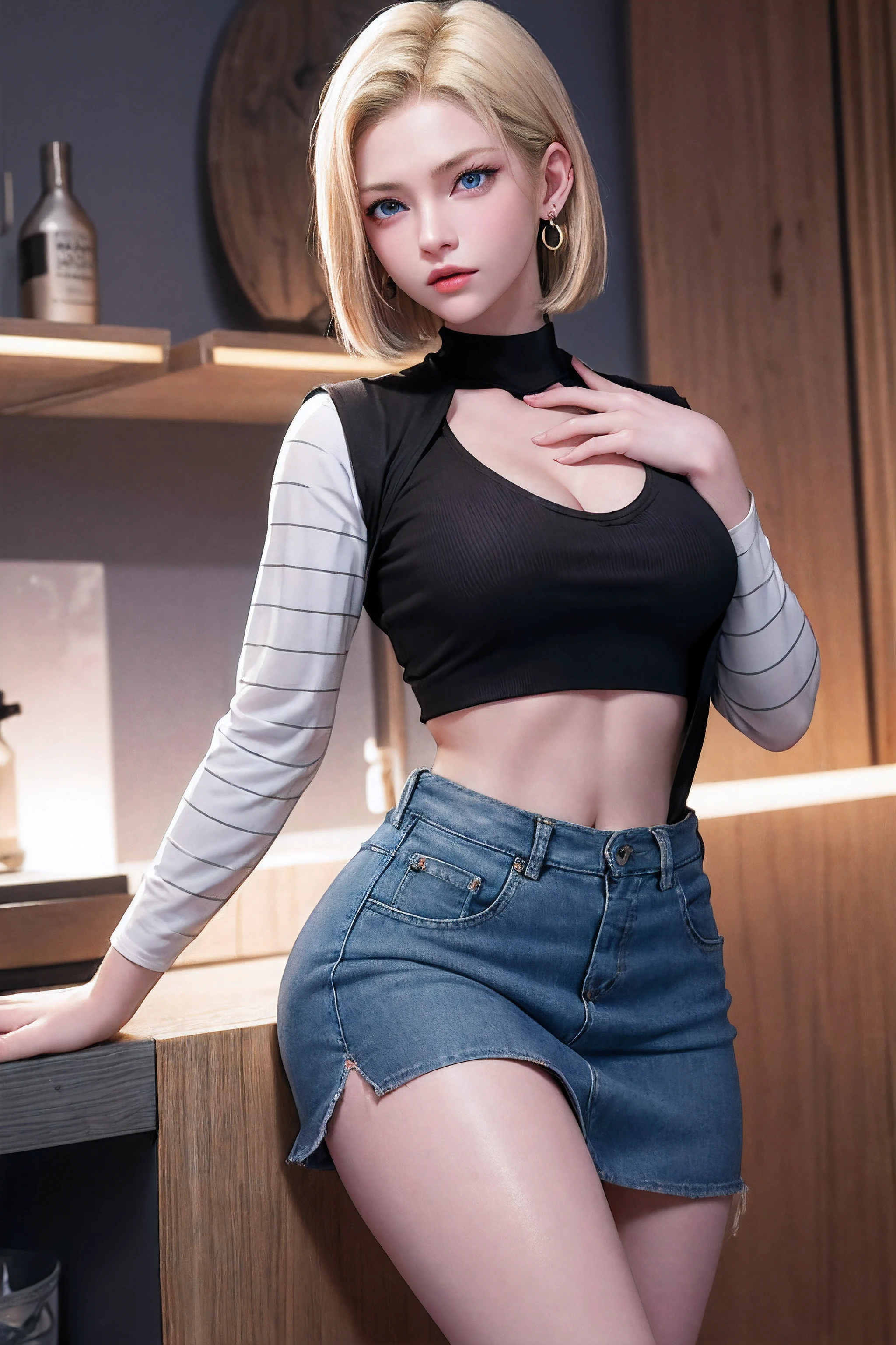 Android 18, Blonde hair, Blue eyes, eyeslashes, hoop earings, Short hair, earring
bring, black sock, Black shirt, breast pocket, cleavage, 鎖骨, Denim, Denim skirt, high waisted skirt, jewelry, Long sleeves, Pocket, shirt, shirt tucked in, Skirt, streaked, Striped sleeves, waistcoat,Correct hands,