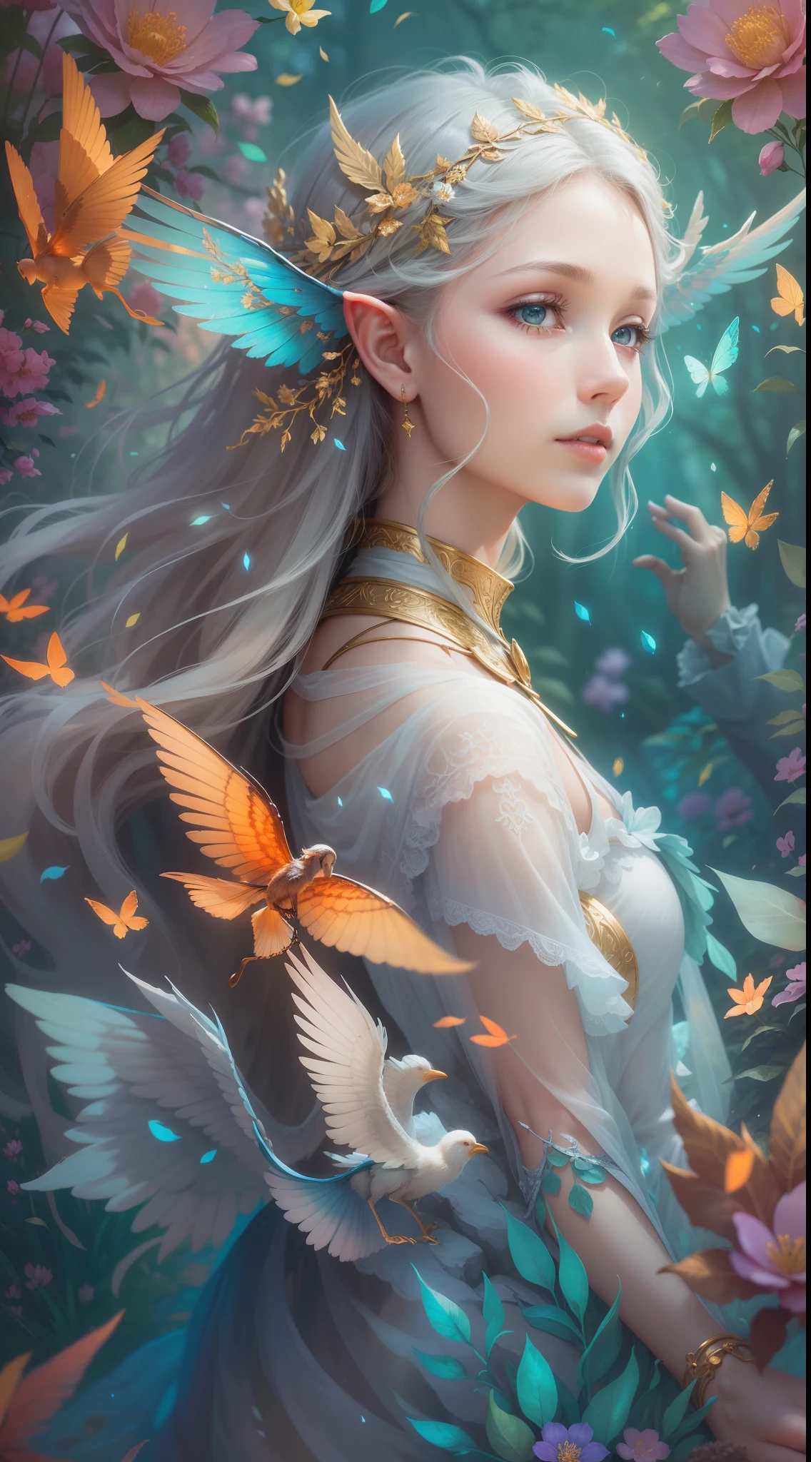 (Exquisite art style: 1.2 + bright colors: 1.2), (HD (8K) wallpaper + ultra-high precision: 1.2), When you think of "elf wings", you will imagine a flowing, elegant elf girl, flying in the air, surrounding the woods and wilderness. Her wings can be white, gold, or silver-gray, shining. She can wear dresses, short skirts or blue silk. Surrounded by trees, flowers and small animals, it is full of nature and magic. The theme "Wings of Elves" is good at depicting brightly colored and detailed dreamy pictures, which lead people's imaginations infinitely to the world of freedom and fantasy.