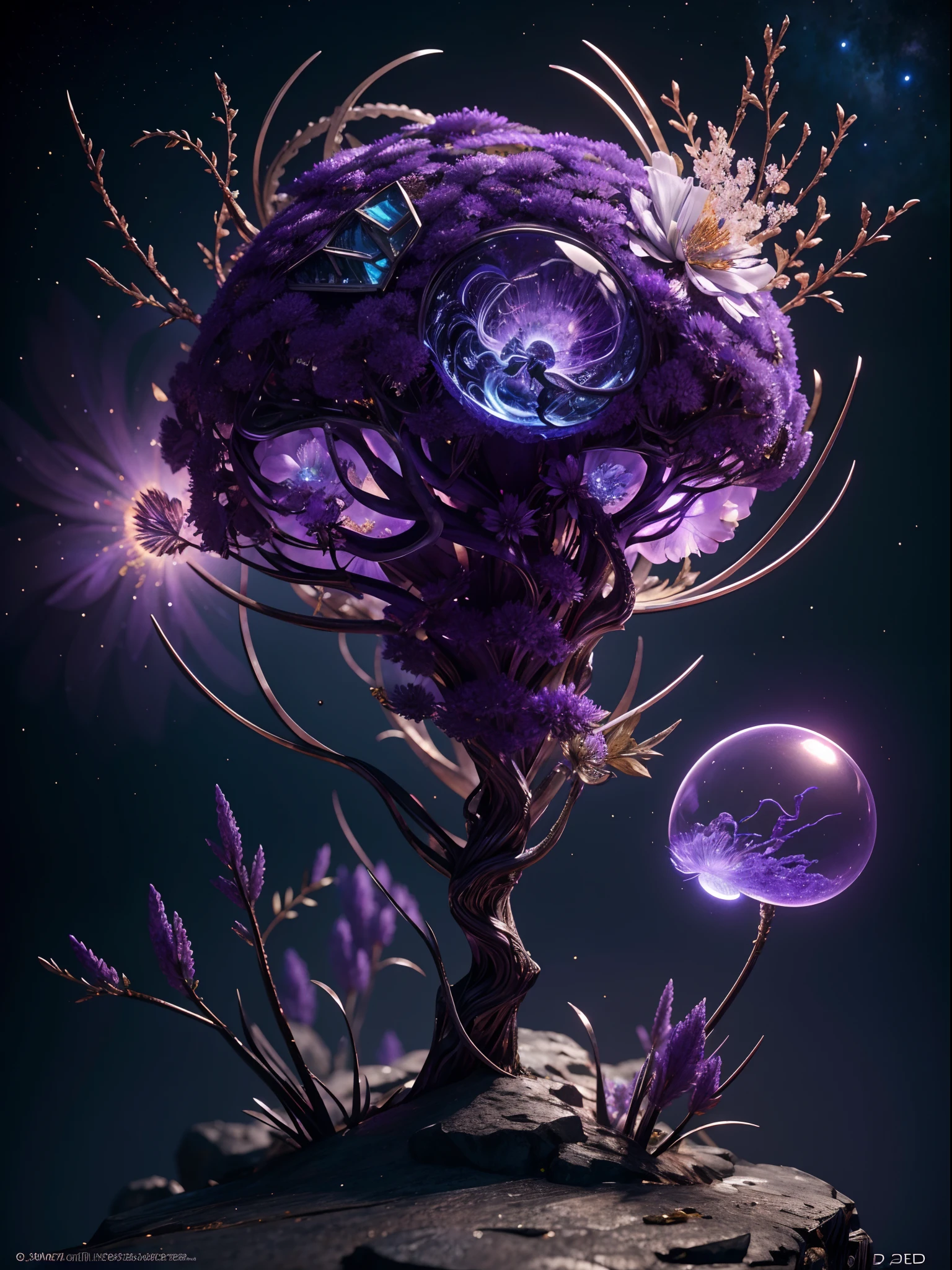 Incredible and spectacular scenes, ((high quality)), ((detailed)), ((fantasy)), "purple plasma brain, purple plasma body, realistic, best quality, 4K, flowers trapped in blisters at the top realistic, (handsome caucasian beautiful girl), full body, 20yo, image quality (3D rendering effect) , exquisite details,