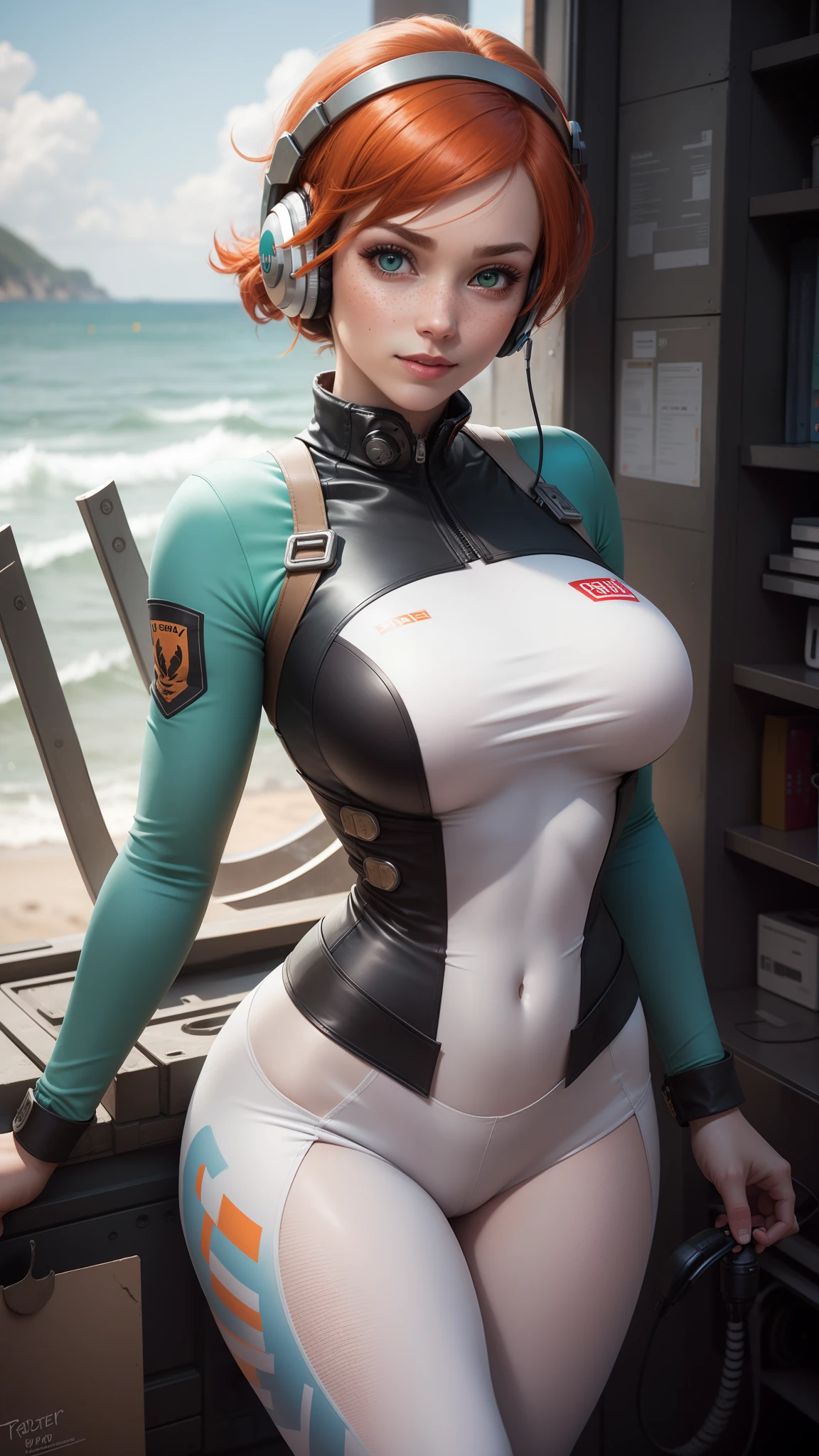 gwen tennyson,1girl,tracer,elsa,rebecca chambers,overwatch,gundam,close up,mecha pilot,ocean view,orange and steel plugsuit,hair pin,pirate corset, white long sleeve lycra top,white leggings,short hair,cute makeup,green eyes,orange and blue hair,shy smile, freckles,redhead,beautiful girl,large breasts,ultra detailed,realistic,fantasy art, gaming headset,pilot jacket,battleship, holding a machine gun,