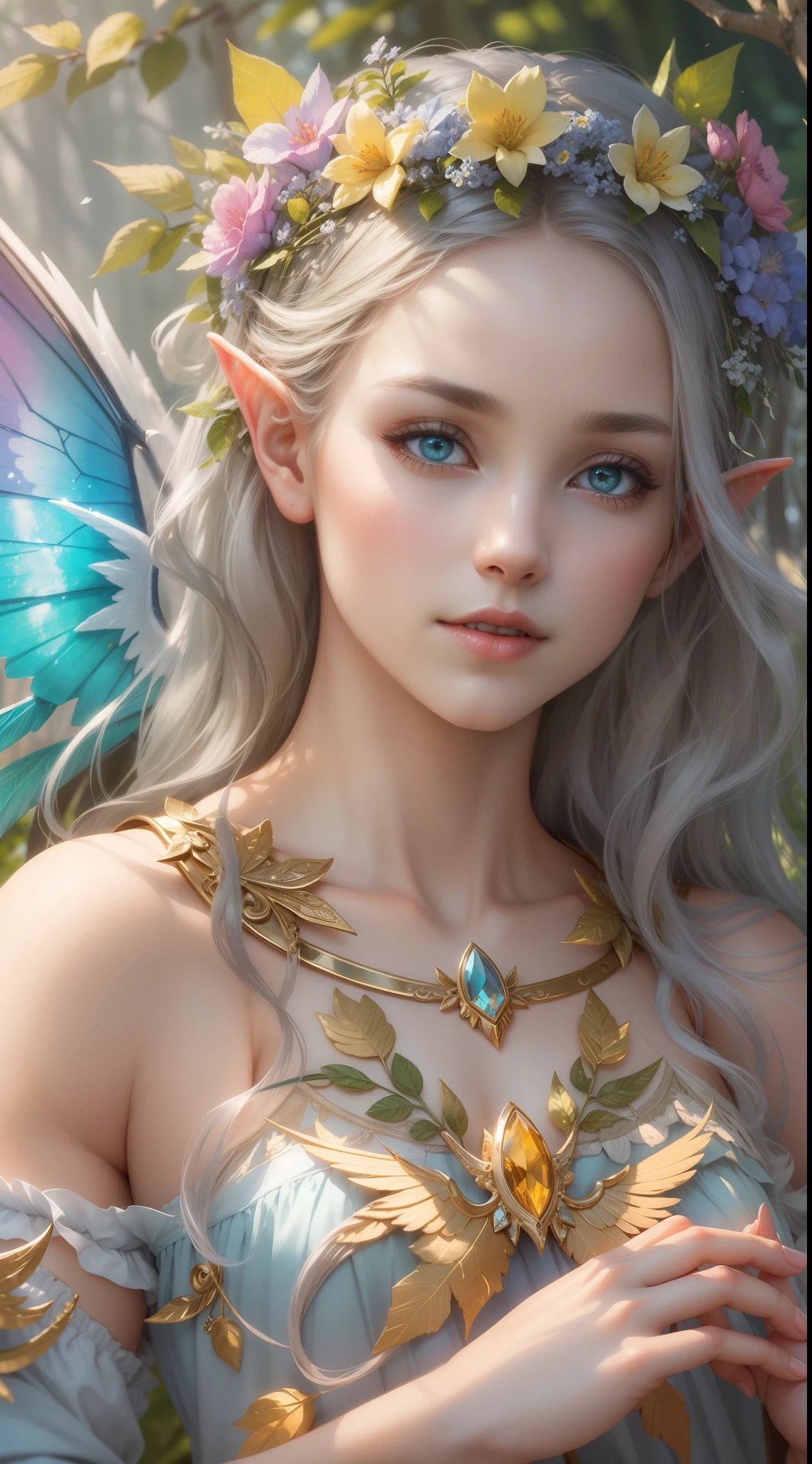 (Exquisite art style: 1.2 + bright colors: 1.2), (HD (8K) wallpaper + ultra-high precision: 1.2), When you think of "elf wings", you will imagine a flowing, elegant elf girl, flying in the air, surrounding the woods and wilderness. Her wings can be white, gold, or silver-gray, shining. She can wear dresses, short skirts or blue silk. Surrounded by trees, flowers and small animals, it is full of nature and magic. The theme "Wings of Elves" is good at depicting brightly colored and detailed dreamy pictures, which lead people's imaginations infinitely to the world of freedom and fantasy.