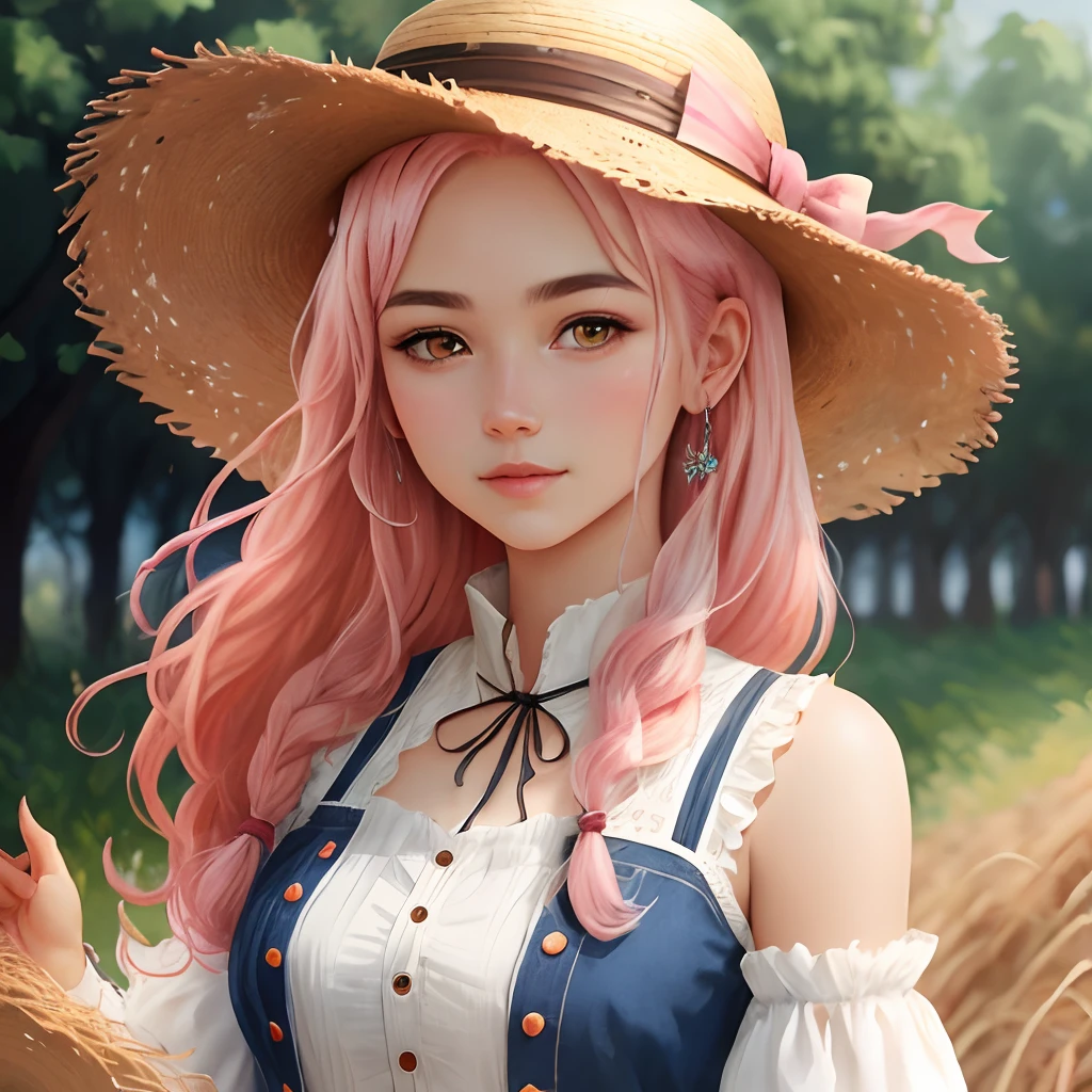 masterpiece, beautiful, intricate details, 4k, cute farmer girl, cute girl, fantasy girl, straw hat, girl with pink hair