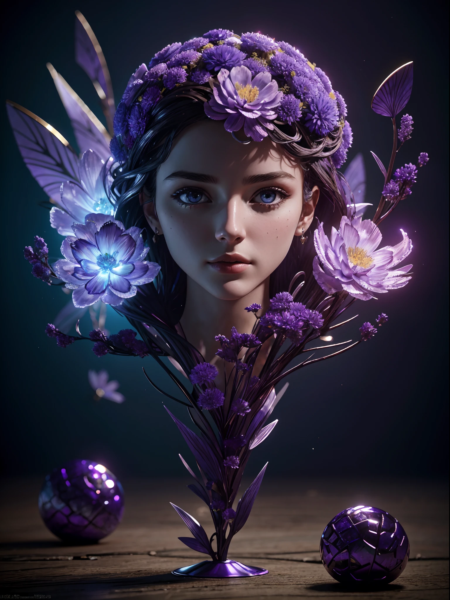 Incredible and spectacular scenes, ((high quality)), ((detailed)), ((fantasy)), "purple plasma brain, purple plasma body, realistic, best quality, 4K, flowers trapped in blisters at the top realistic, (handsome caucasian beautiful girl), full body, 20yo, image quality (3D rendering effect) , exquisite details,