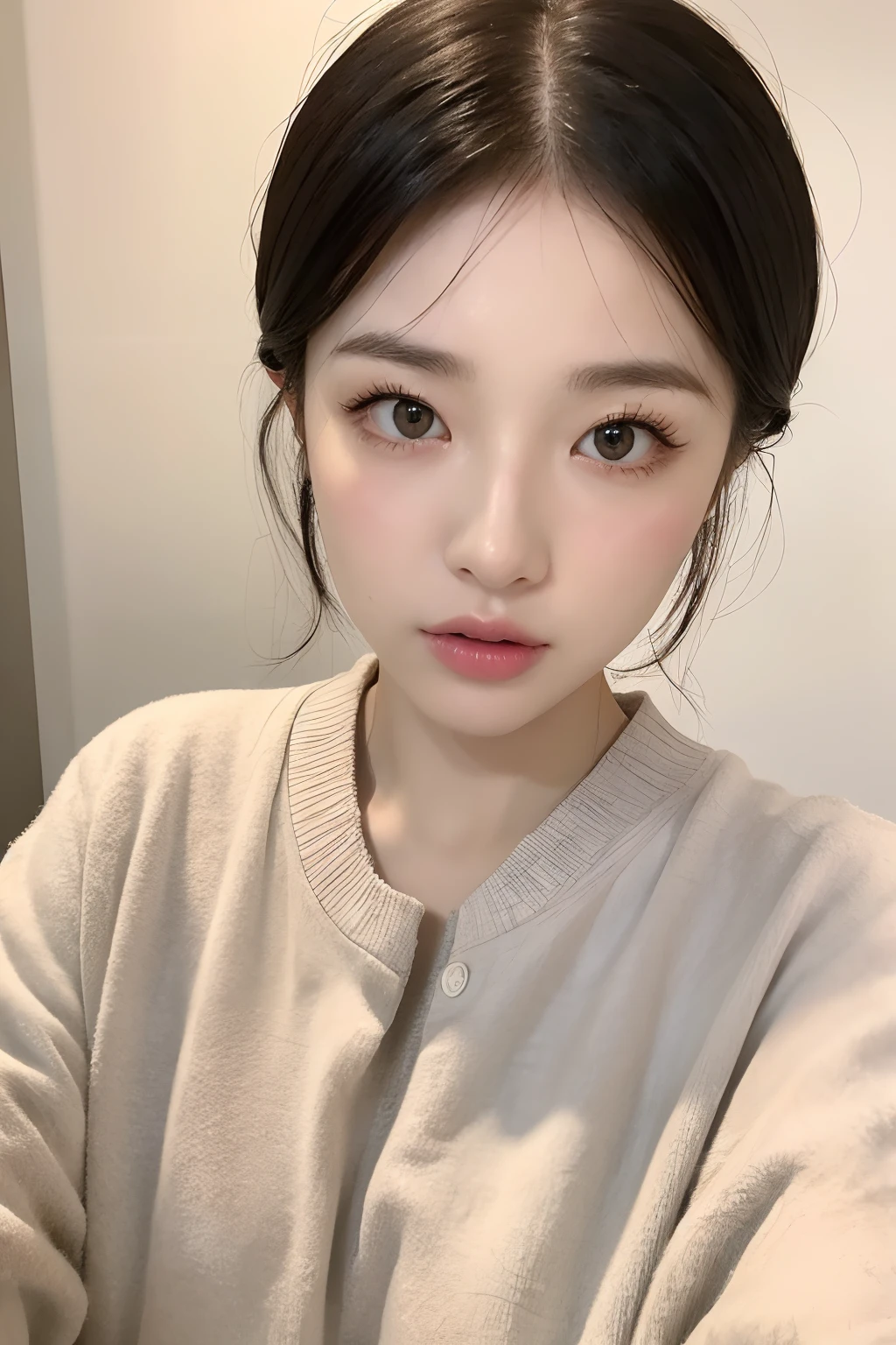 arafed woman with long hair sitting on a white chair, young adorable korean face, young cute wan asian face, wan adorable korean face, pale round face, with small nose, with cute - fine - face, clear cute face, with round face, ulzzang, girl cute-fine-face, korean symmetrical face, korean face features