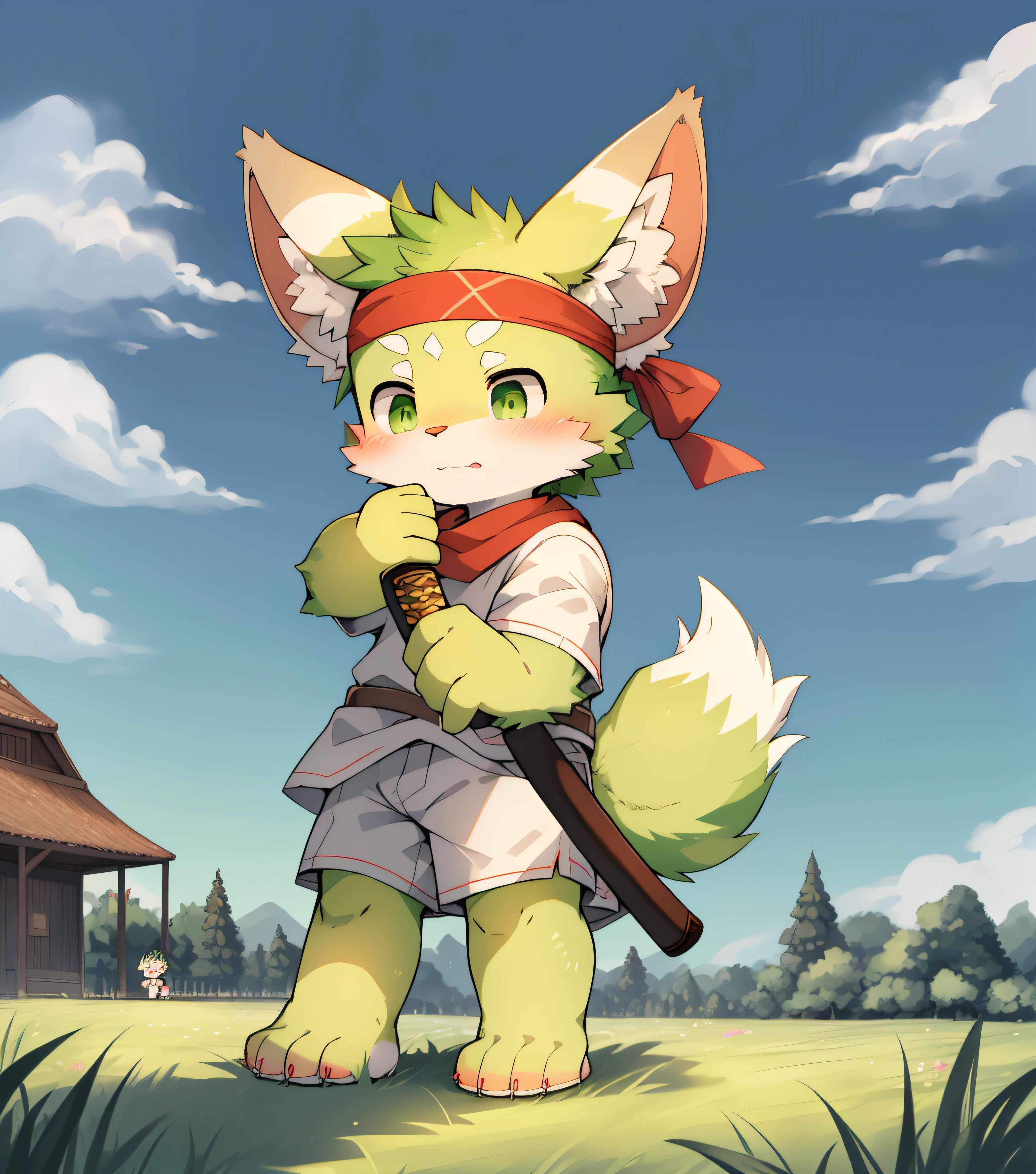 Bright green fur，Bright green fur，Bright green skin，Beast too，Orc little boy，grassy fields，lawns，standing on your feet，attention，blue-sky，shaggy，shaggy，Bright green fur，Bright green fur，Bright green fur，Bright green fur，Bright green hair，male people，canid，adolable，adolable，adolable，solo person，Detailed fur，Green eyes，Thick eyebrows，Fluffy tail，white short sleeve，short white pants，ultra - detailed：1.0，Libido boy，toddlers，toddlers，toddlers，children，children's，Gamine，Beast too，Beast too，Beast too，adolable，adolable，Shota（Via Dagasi：1.1），anatomy correct，Barefoot，The barefoot，Barefoot，Barefoot，Barefoot，standing on your feet，attention，bald-headed，Cat feet，lawns，grassy fields，On the lawn，on a grassy field，Tread on the grass，Trampling on small grass，Tread on the grass，Trampling the meadow，Tread on the lawn，Trampling the lawn，bald-headed，balding，balding，Bright green feet，Bright green feet，Bright green feet，Bright green feet，Trampled grass，Trampled grass，Stand on the lawn，standing in grassy field，Stand on the lawn，There are footprints on the lawn，Footprints on the lawn，marshes，mud ground，Dirt roads，Muddy in the grass，sludgy，red waistband，komono，red headband，Blood，A child with a katana in his hand，Children with serious expressions，Children stepping on grass under their feet，Children with small grass under their feet，Very shiny green fur