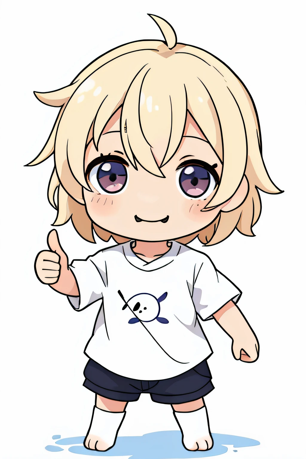 Very cute and cute anime boy、((Chibi no Deformed Boy))、cute smile face、a blond、white shirt、cute face、without background、full body Esbian、is standing、very detailed face and eyes、Clearly outlined、独奏、Thumbs up