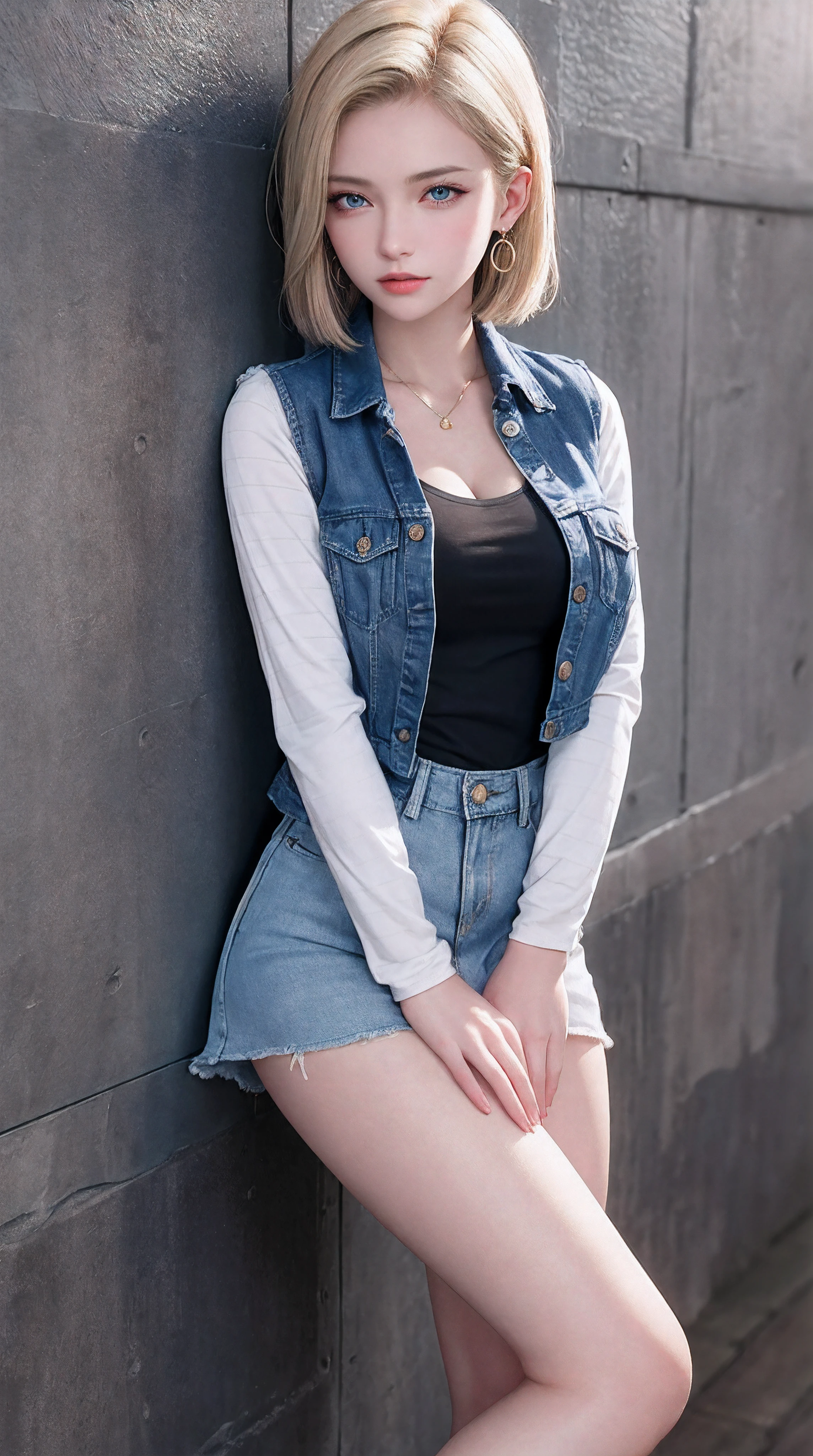 Android 18, Blonde hair, Blue eyes, eyeslashes, hoop earings, Short hair, earring
bring, black sock, Black shirt, breast pocket, cleavage, 鎖骨, Denim, Denim skirt, high waisted skirt, jewelry, Long sleeves, Pocket, shirt, shirt tucked in, Skirt, streaked, Striped sleeves, waistcoat,