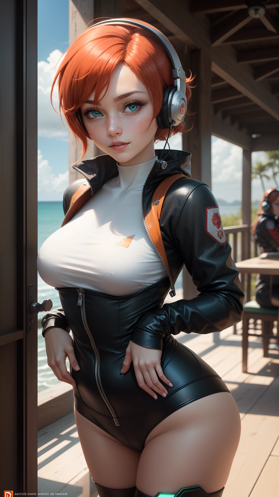 gwen tennyson,1girl,tracer,elsa,rebecca chambers,overwatch,gundam,close up,mecha pilot,ocean view,orange and steel plugsuit,hair pin,pirate corset, white long sleeve lycra top,white leggings,short hair,cute makeup,green eyes,orange and blue hair,shy smile, freckles,redhead,beautiful girl,large breasts,ultra detailed,realistic,fantasy art, gaming headset,pilot jacket,aircraft,