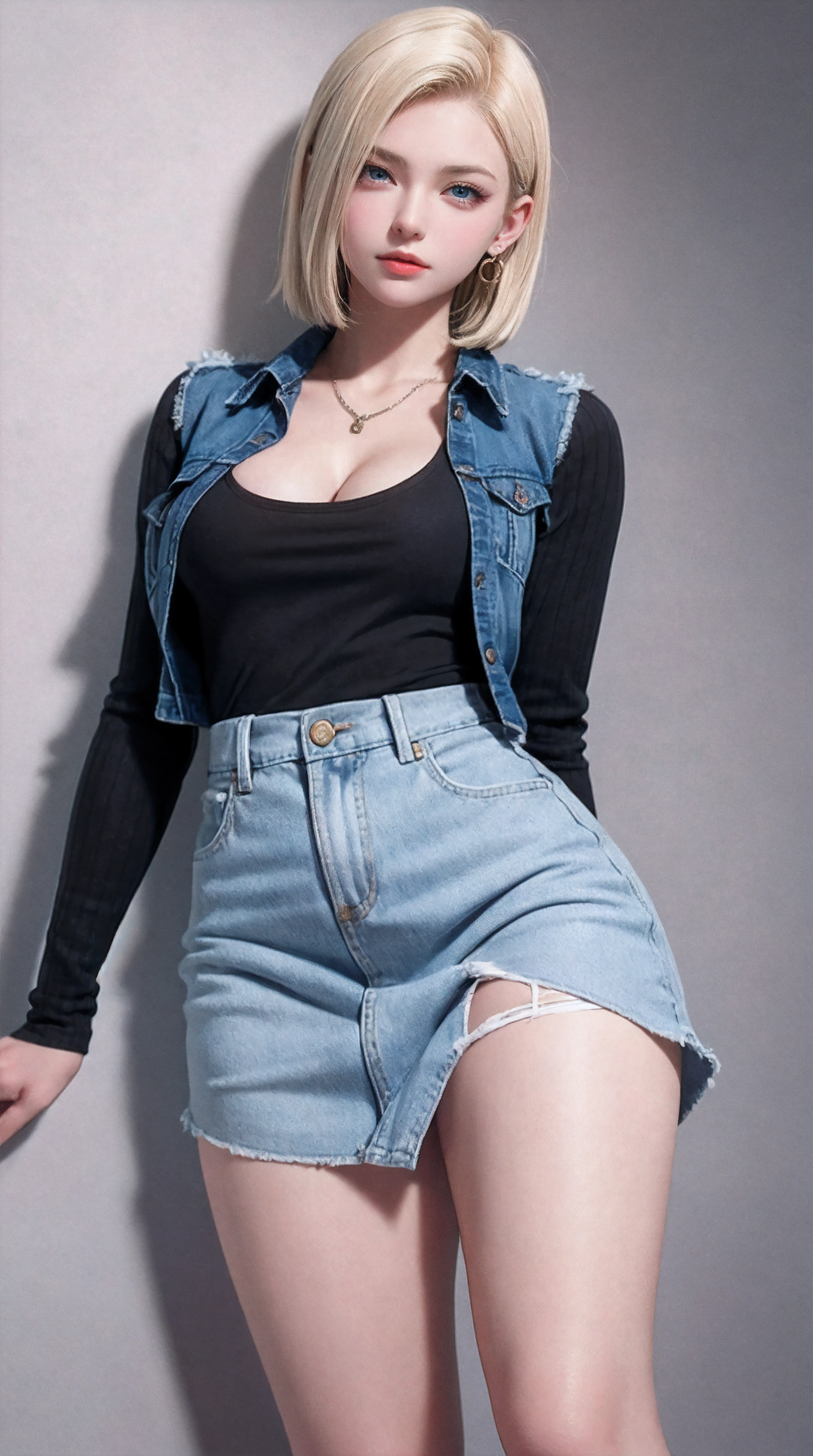 Android 18, Blonde hair, Blue eyes, eyeslashes, hoop earings, Short hair, earring
bring, black sock, Black shirt, breast pocket, cleavage, 鎖骨, Denim, Denim skirt, high waisted skirt, jewelry, Long sleeves, Pocket, shirt, shirt tucked in, Skirt, streaked, Striped sleeves, waistcoat,