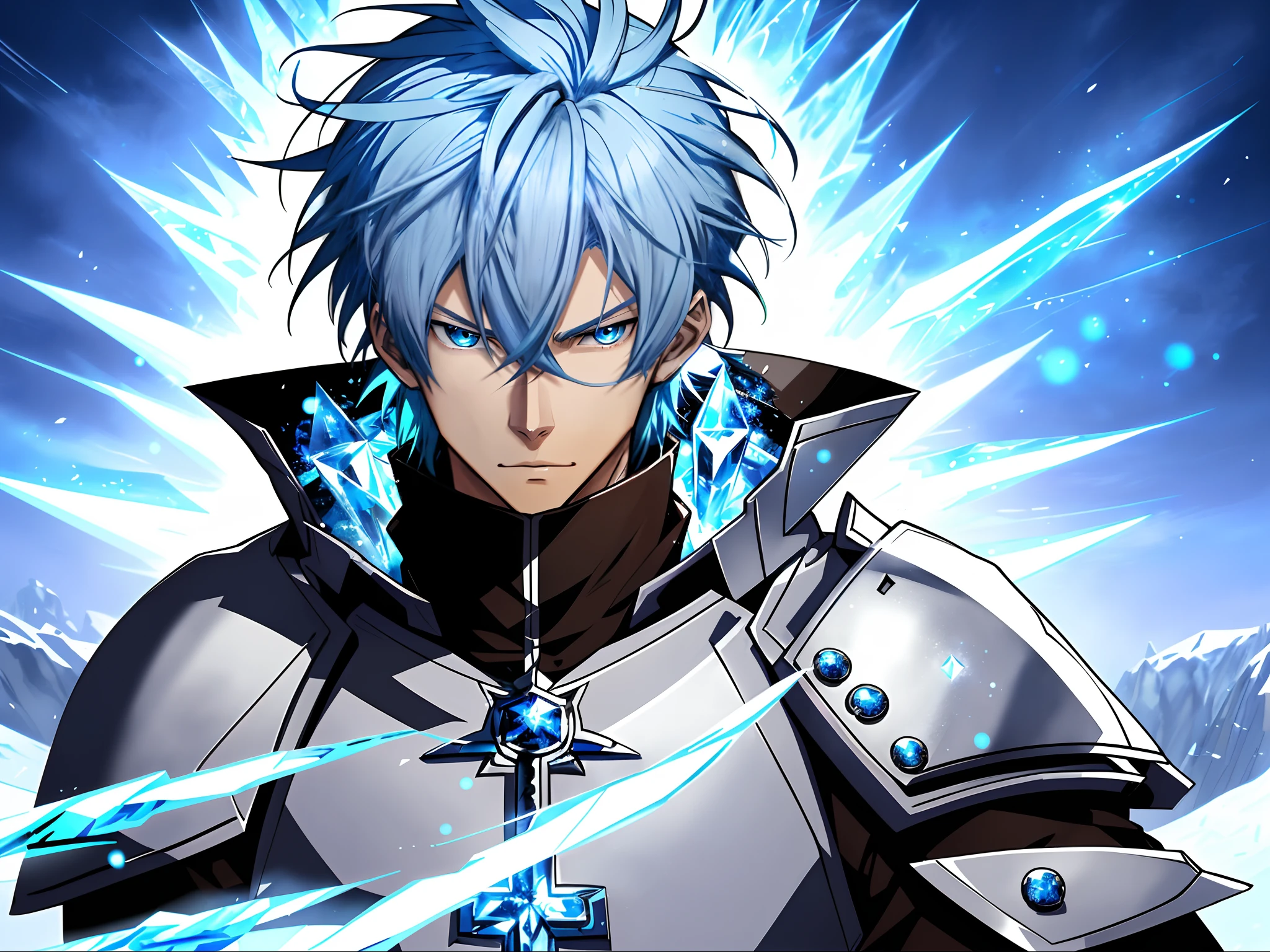 Anime characters with blue hair and blue eyes in snowy scenes, Ice Mage, Tall anime guy with blue eyes, freezing blue skin, Key anime art, male anime character, Ice crystal armor, Detailed key anime art, full portrait of magical knight, Blue and ice silver coat, with ice powers