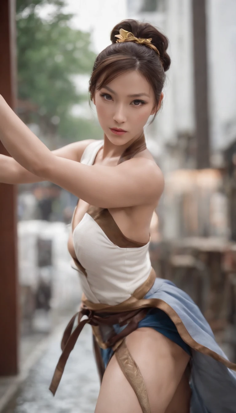 Chun-Li's Street Fighter masterpiece, Facing Skarl Olsen CG,  man's waist, Proportions of long legs, long eyeslashes, Determined, White High Top Boots, Better light and shadow, View backups, Capcom Style, Ultra HD |, 8K, realskin, All bodies are water, Chun-Li's Signature Move, Black stockings, Big, Watery eyes, High Nose Bridge, small mouth, Large chest of drawers, Moss width, Chun-Li's classic costumes, cuite, 30-years old, Full body bian, splash water, kick, On the streets of Shibuya, Raj de Tokyo