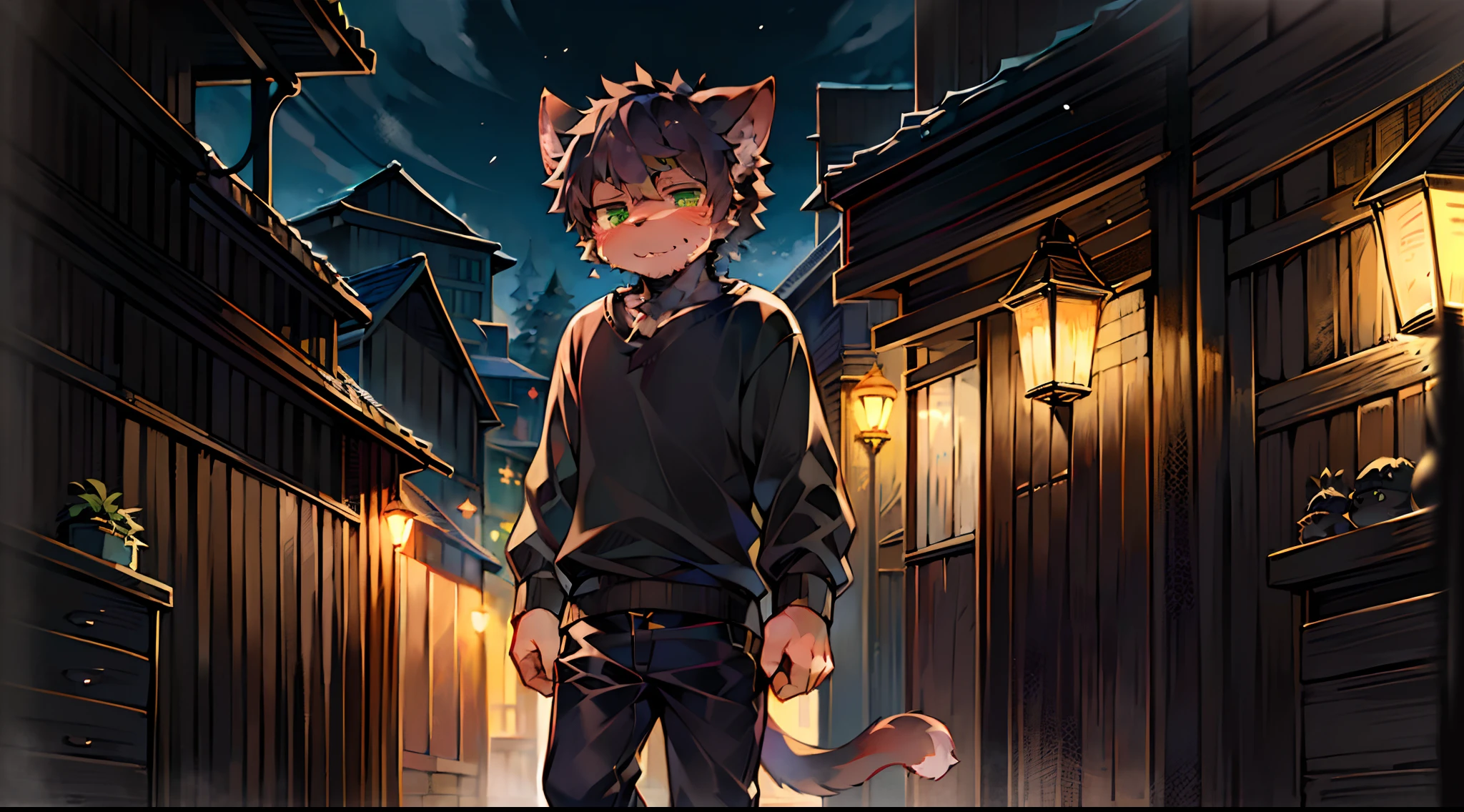 (ambiente dark:0.8),Masterpiece,High quality,abstract res,Digital painting\(artwork of a\), by Dagasi, Yupa,Kiyosan,(anthro,Fluffy fur,Character focus:1.1),anthro male cat,Short hair,Portrait , eyes with brightness, in a panoramic view, Character focus.(detailedbackground:0.7), 独奏, shaggy, Hairy young male, malefocus, anthr,(Full Body Furry, Black hair,Black cattail, Black cat ears,Black fur, Green eyes, Black color hair:1.2), (Cat Class)(Sixteen years old)(Wearing a black sweatshirt)(Gray-black hair all over the body)(Black all over,Facial hair is black)