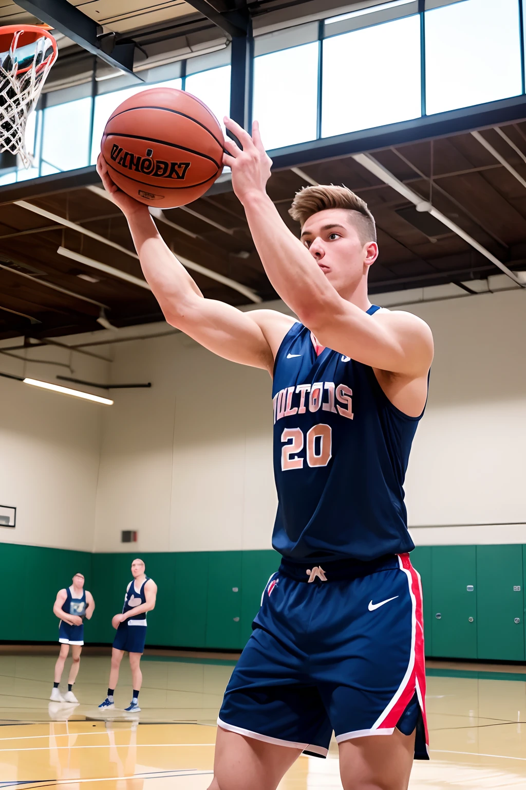 muscular male basketball standing in a high school gym, matt rhodes, tyler, greg rutwoski, derek ridgers, sam weber, carson ellis, 2 0 2 2 photo, profile pic, connor hibbs, max dennison, by Jeffrey Smith, cover shot, zach hill, dylan kowalsk, smooth in _ the background, aubrey powell