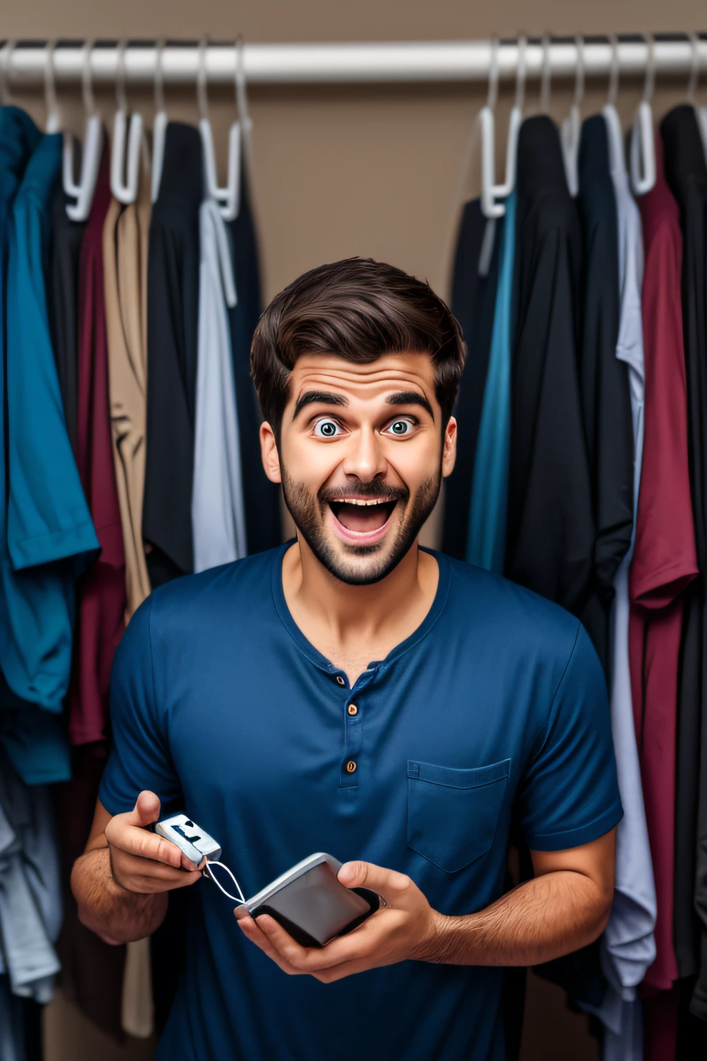30 year old man with charger cable in hands with dirty clothes, Expression of happiness and delights, funny face, comedia